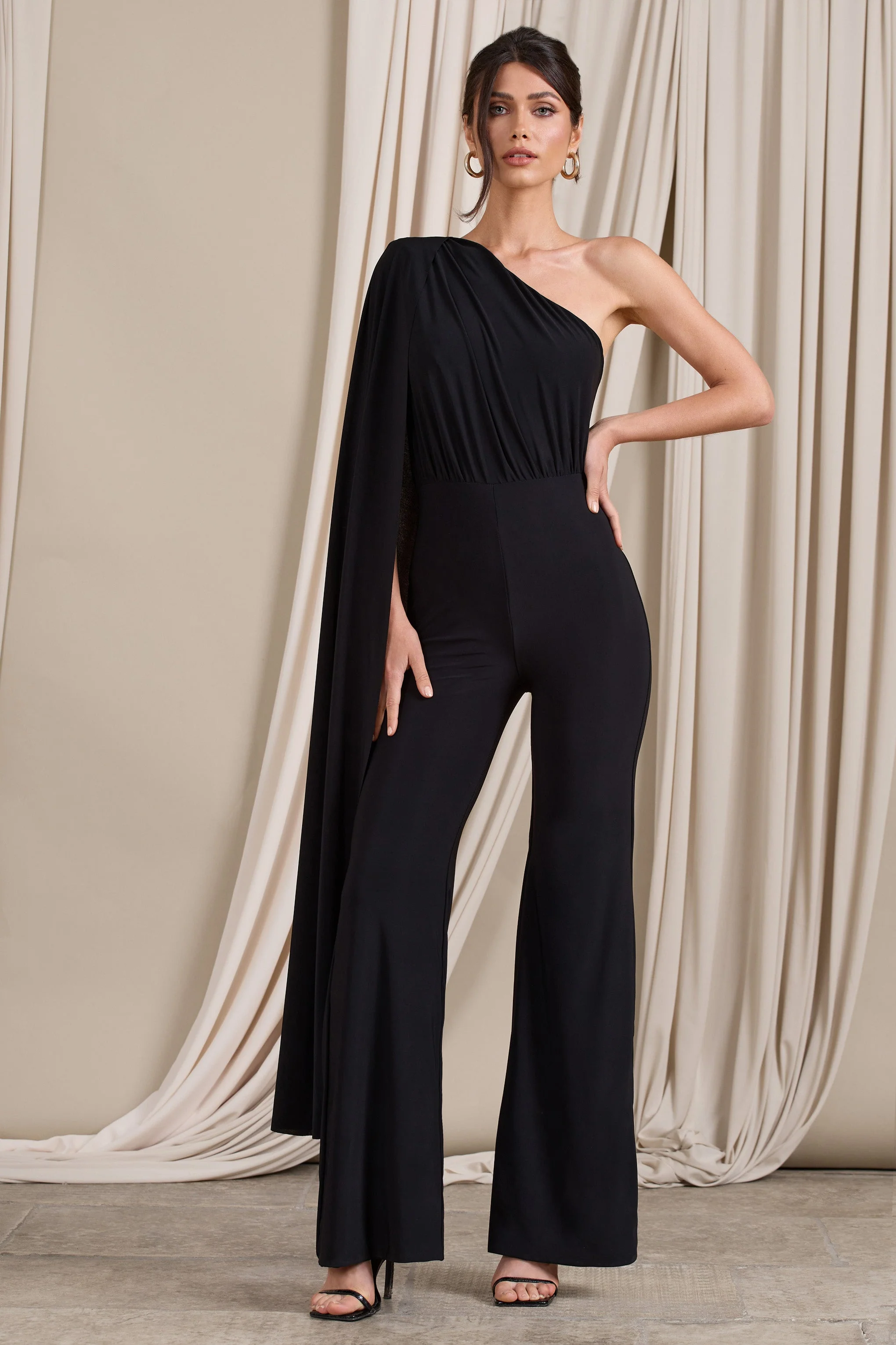 Aurora | Black One Shoulder Cape Sleeve Jumpsuit - Image 4