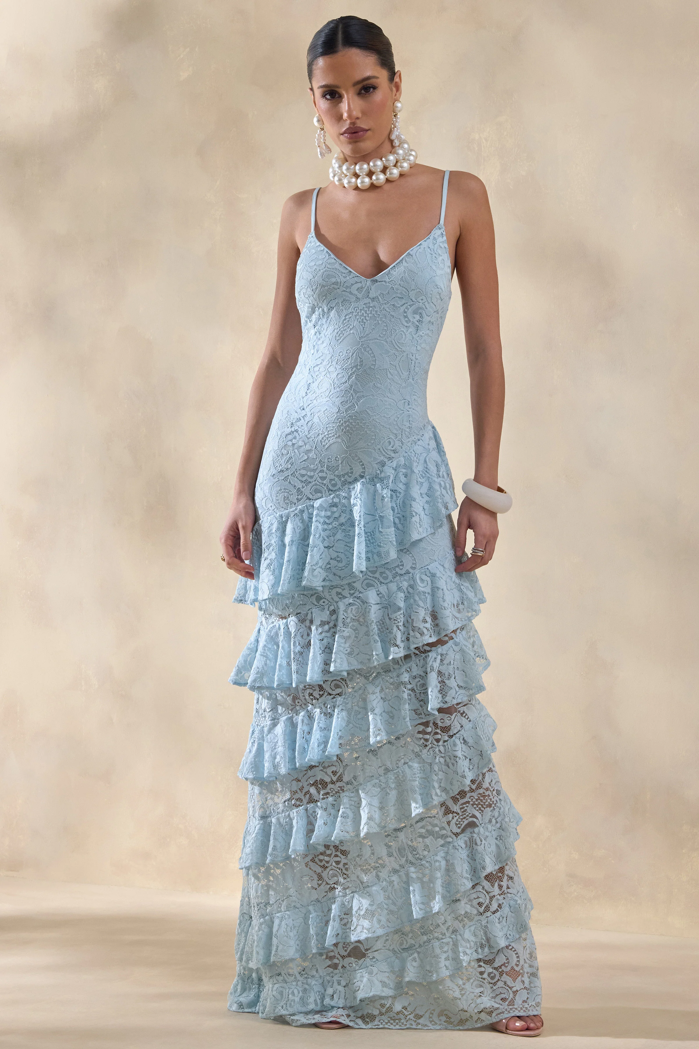 Avelisse | Blue Lace Plunge-Neck Maxi Dress With Ruffled Detailing