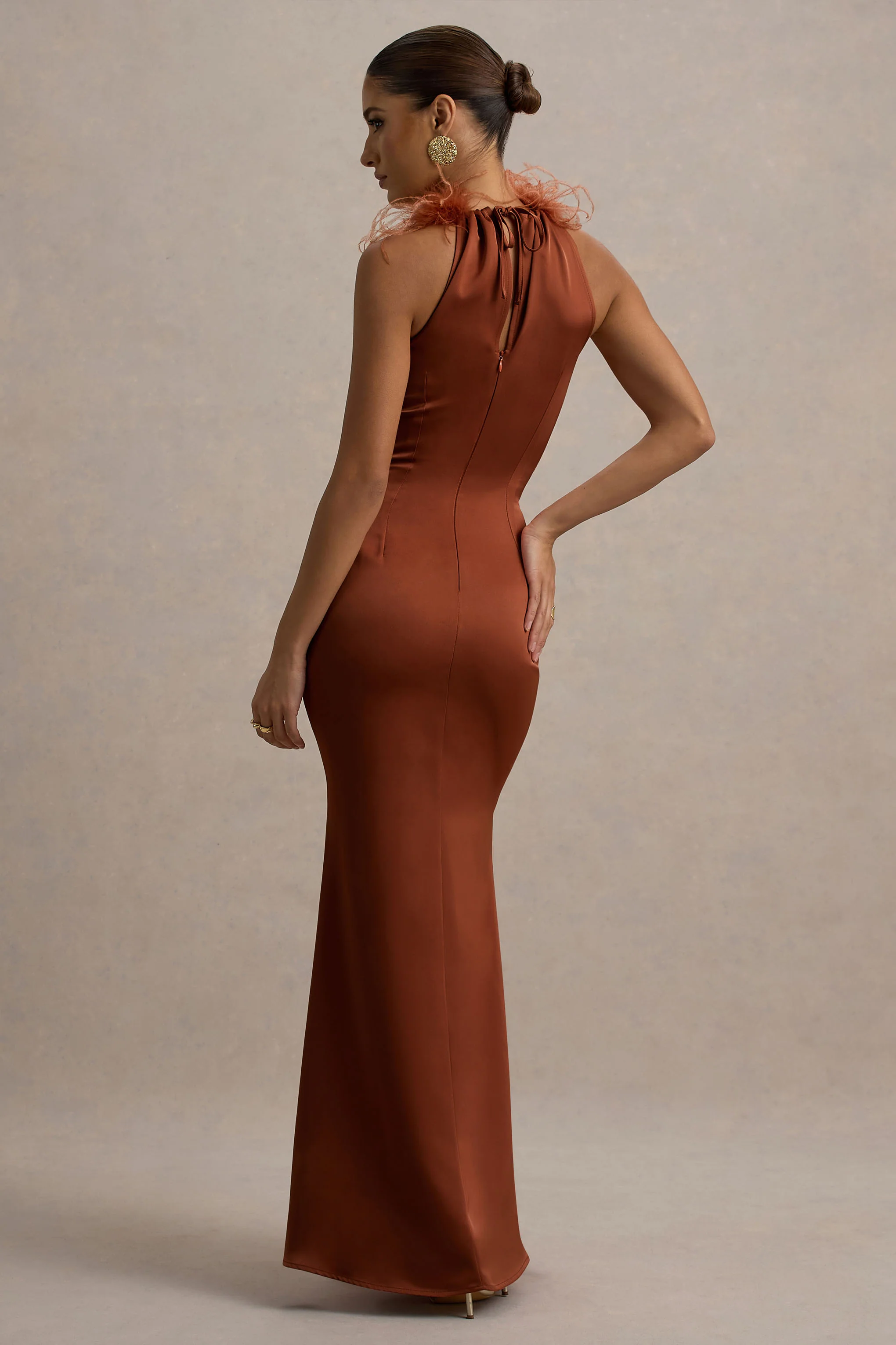Bianca | Rust Satin Feather-Trim Maxi Dress - Image 2
