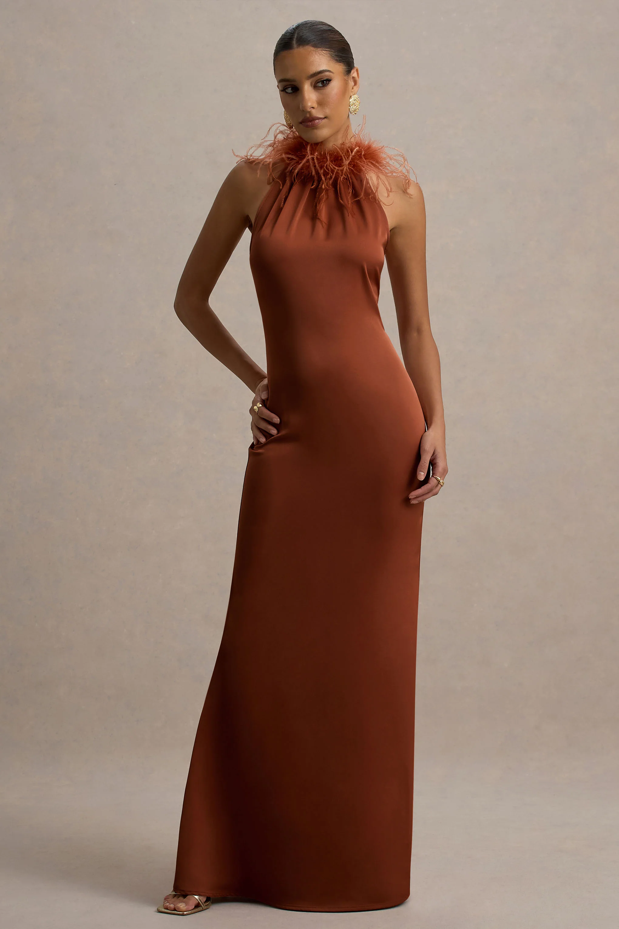 Bianca | Rust Satin Feather-Trim Maxi Dress - Image 4