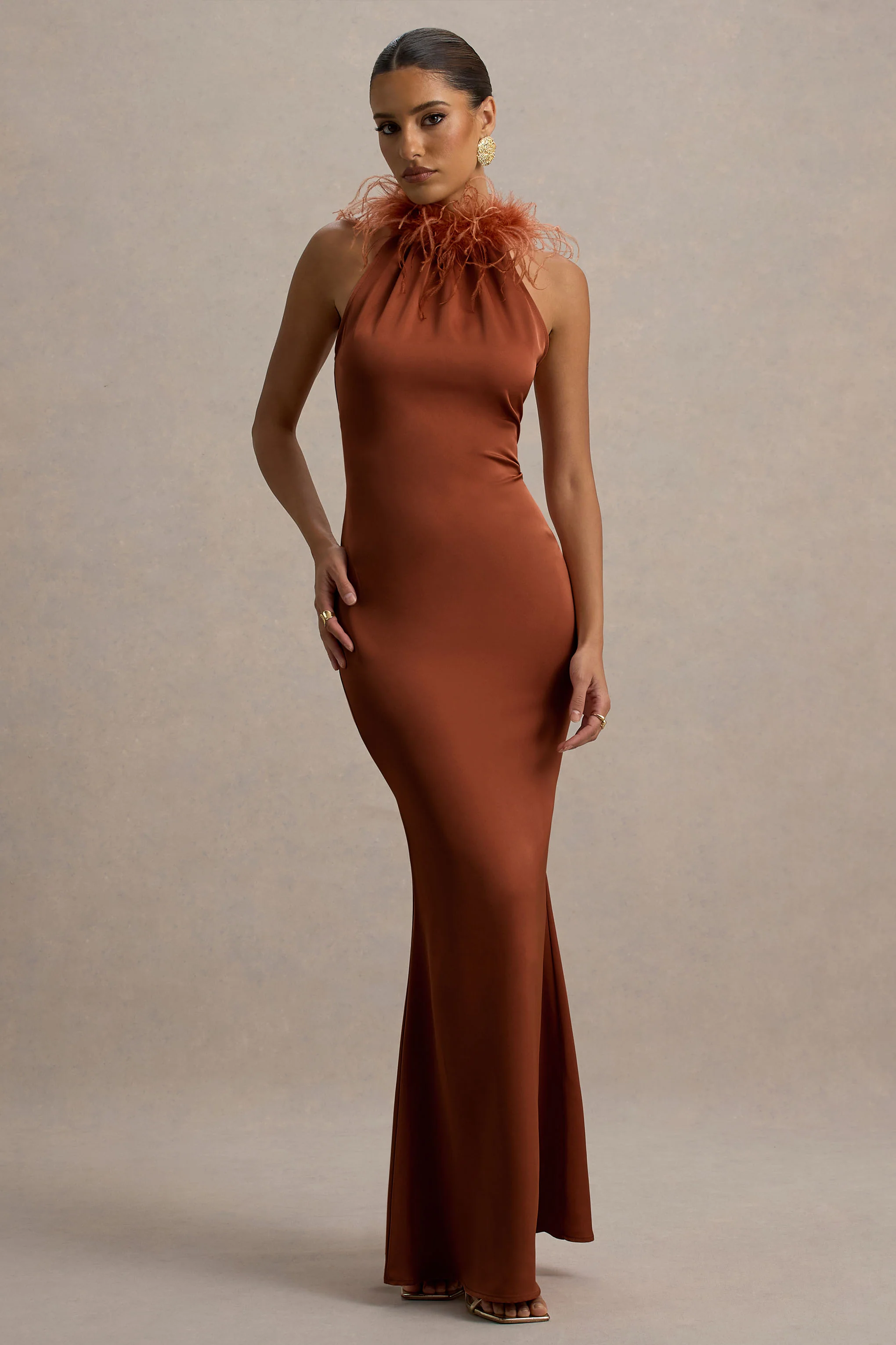 Bianca | Rust Satin Feather-Trim Maxi Dress - Image 5