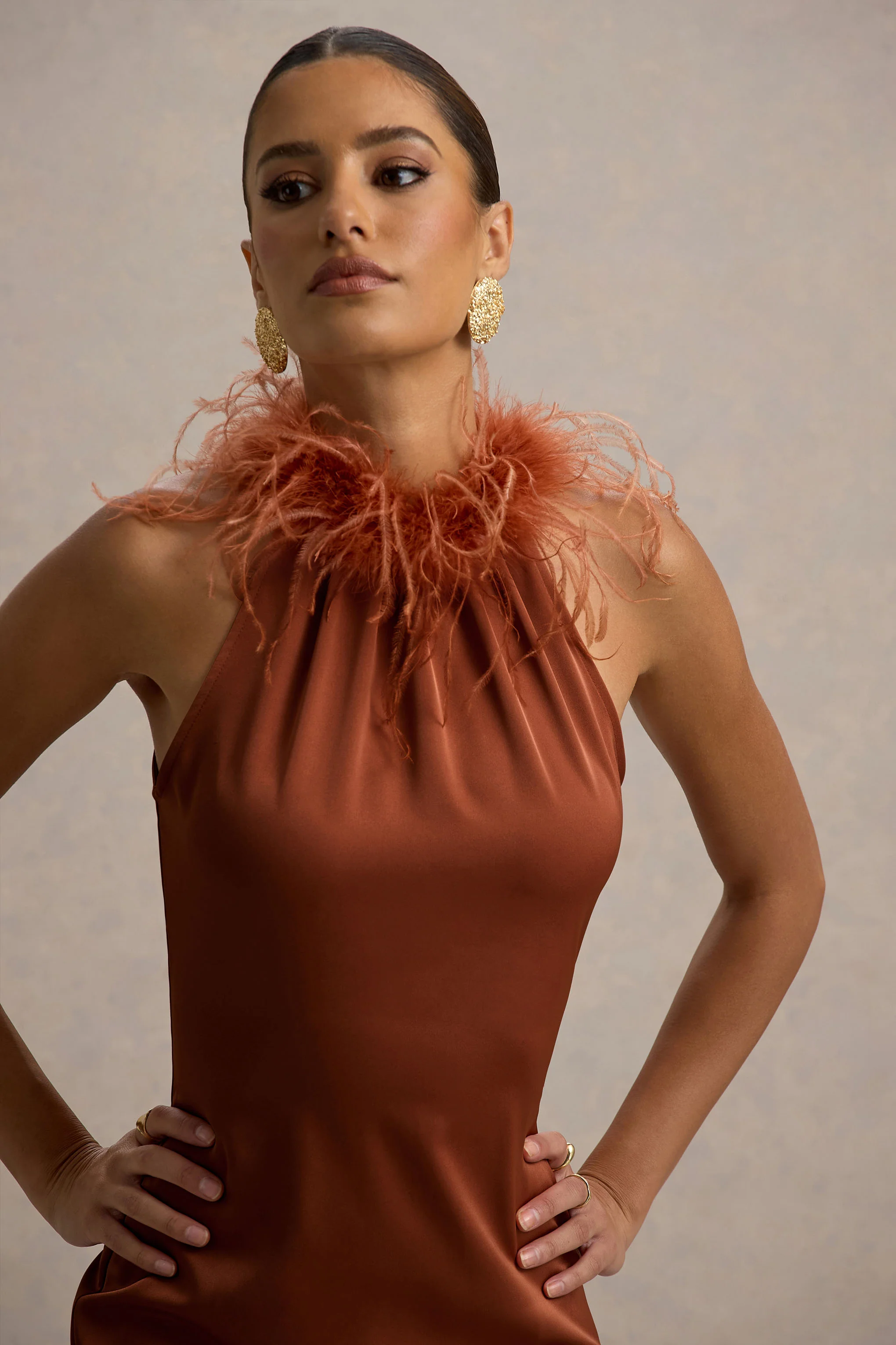 Bianca | Rust Satin Feather-Trim Maxi Dress - Image 6