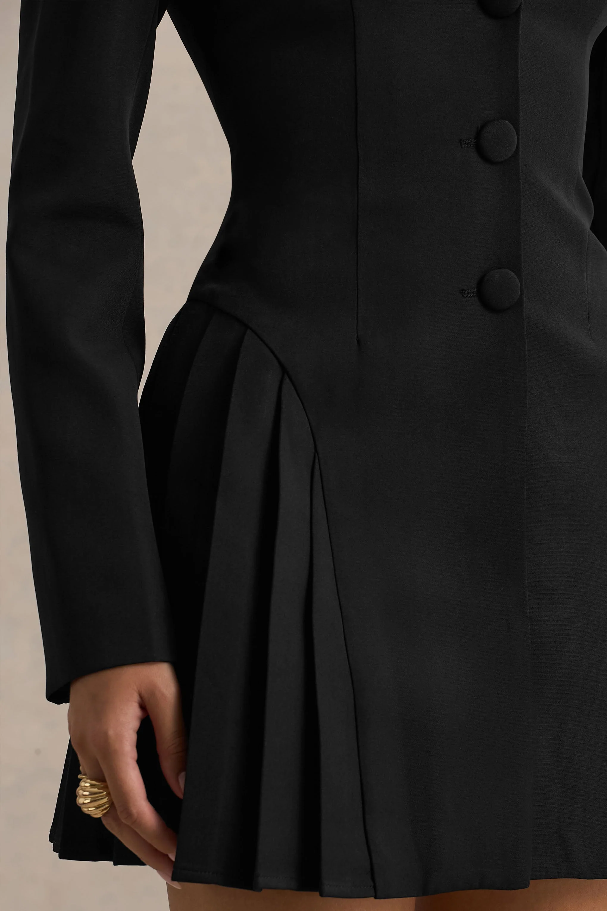 Blossoming | Black Plunge-Neck Tailored Mini Dress With Pleating - Image 6