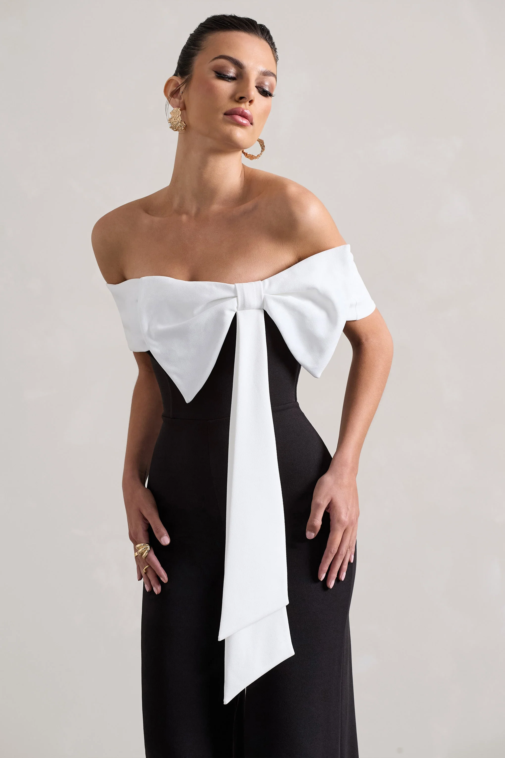 Bower | Black Bardot Straight-Leg Jumpsuit With Bow - Image 3