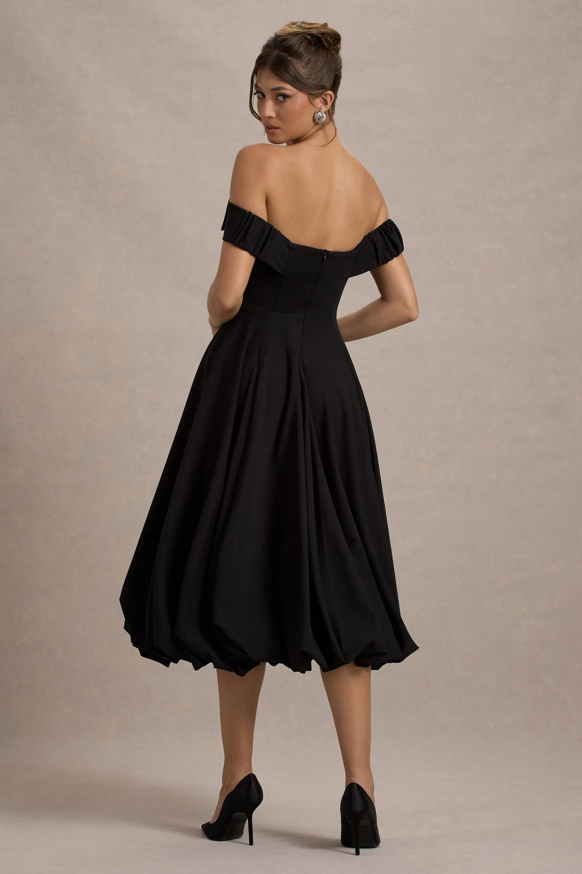 Calliopia | Black Bow Bardot Midi Dress With Puff-Ball Skirt - Image 2