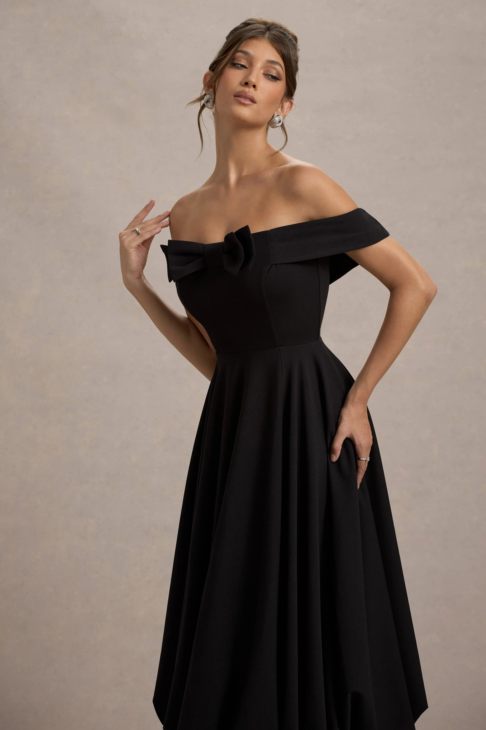 Calliopia | Black Bow Bardot Midi Dress With Puff-Ball Skirt - Image 3