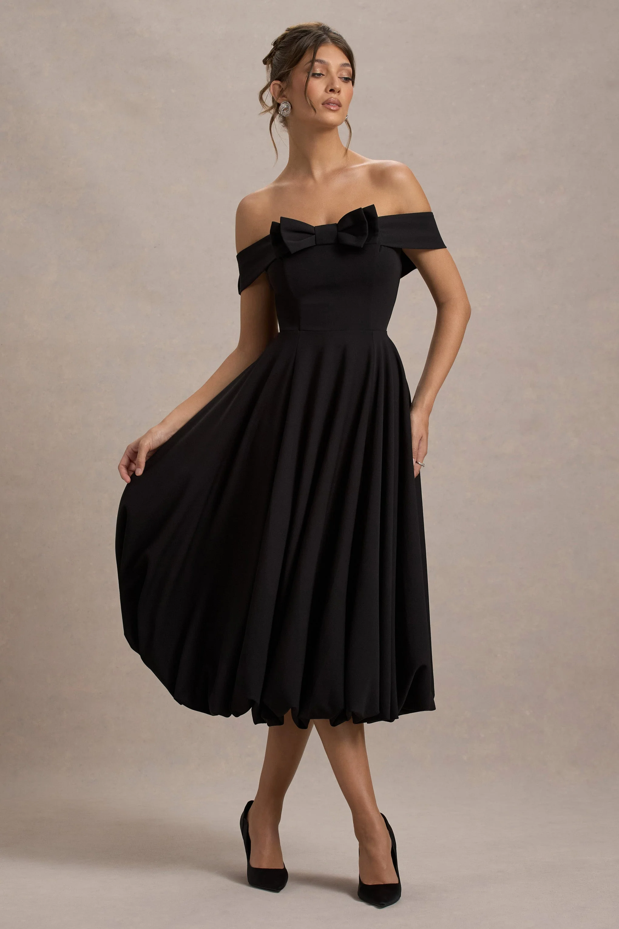 Calliopia | Black Bow Bardot Midi Dress With Puff-Ball Skirt - Image 4