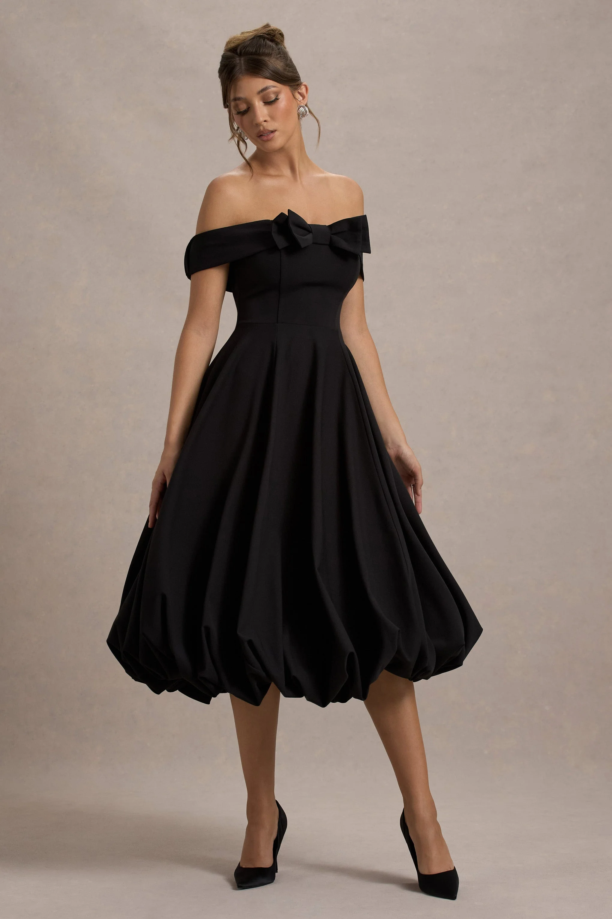 Calliopia | Black Bow Bardot Midi Dress With Puff-Ball Skirt - Image 5