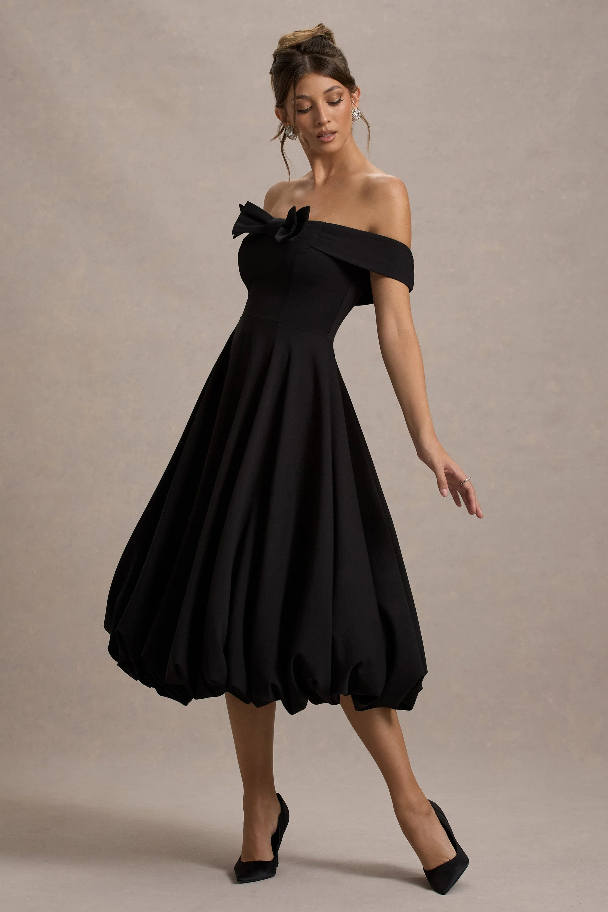 Calliopia | Black Bow Bardot Midi Dress With Puff-Ball Skirt - Image 6