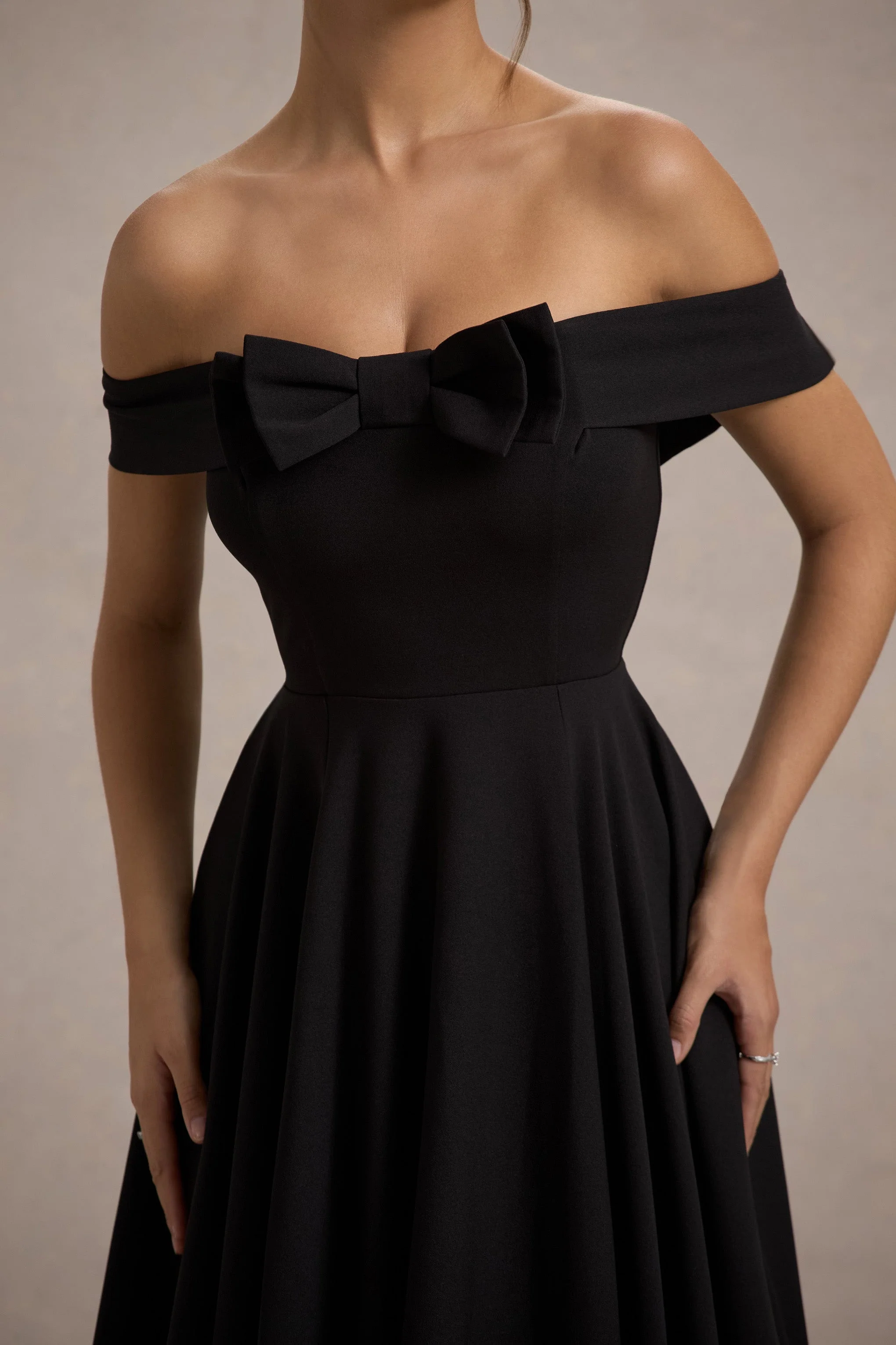 Calliopia | Black Bow Bardot Midi Dress With Puff-Ball Skirt - Image 7
