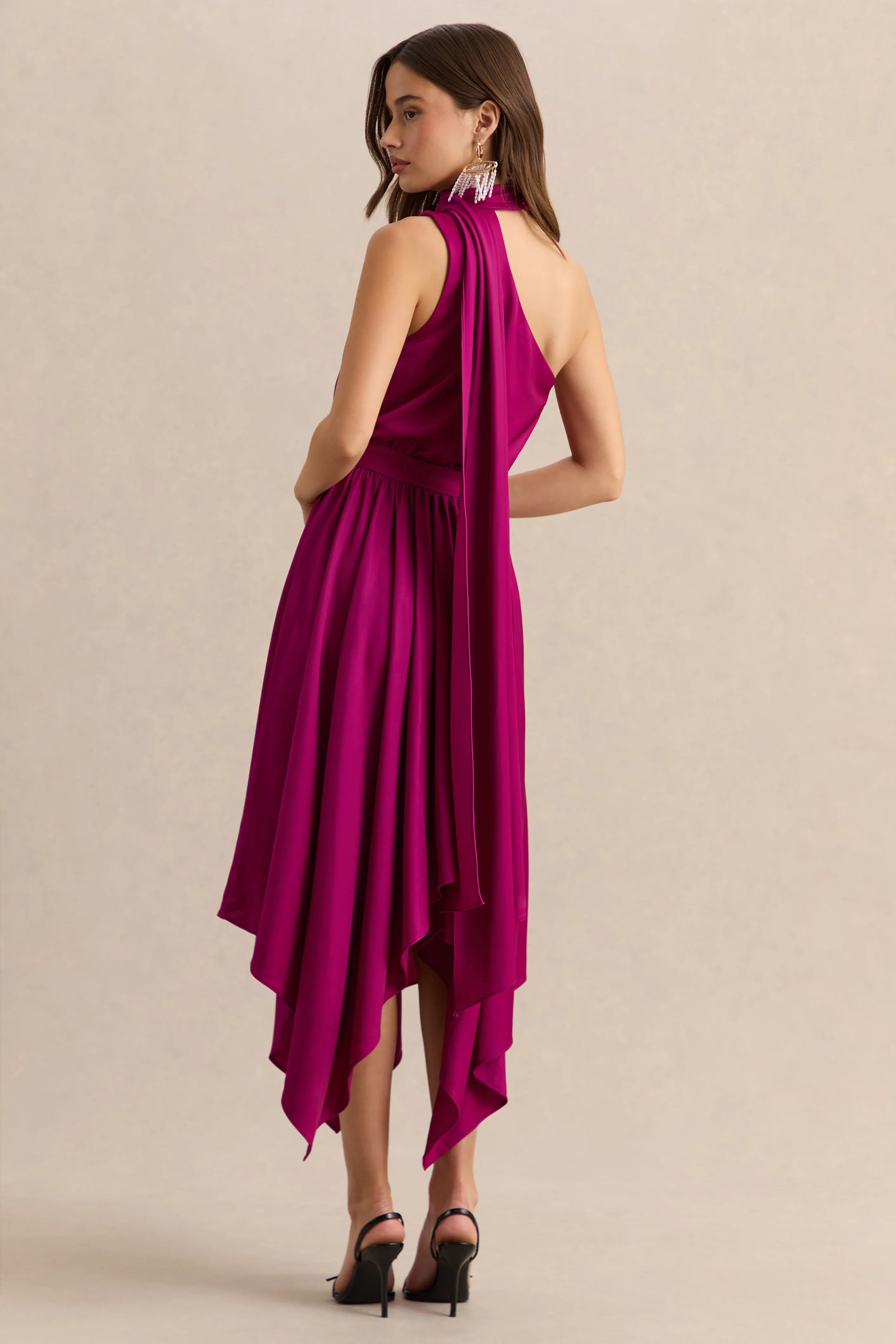 Caluna | Hot Pink Satin Asymmetric-Neck Midi Dress With Scarf-Detail - Image 2