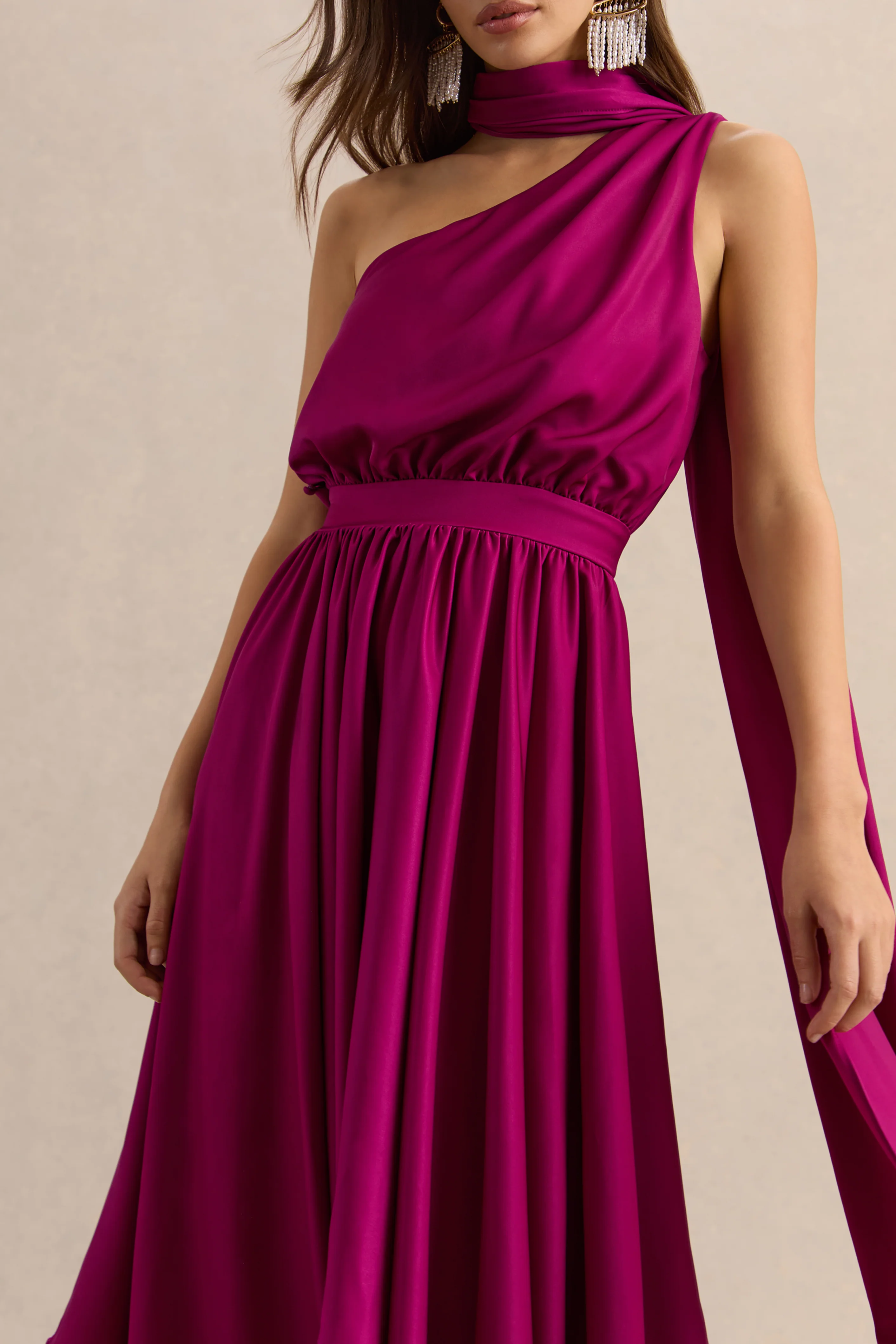 Caluna | Hot Pink Satin Asymmetric-Neck Midi Dress With Scarf-Detail - Image 3