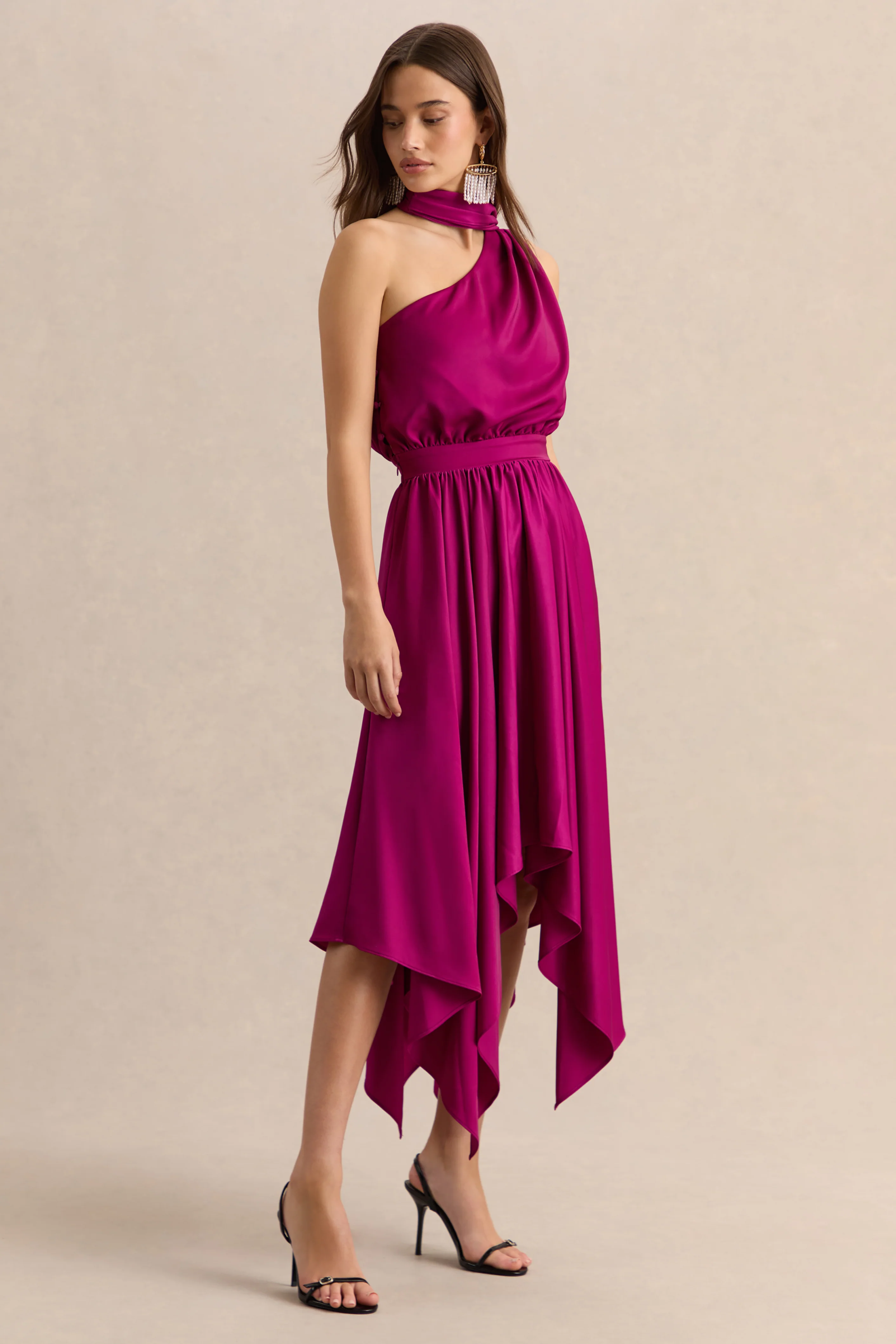 Caluna | Hot Pink Satin Asymmetric-Neck Midi Dress With Scarf-Detail - Image 5