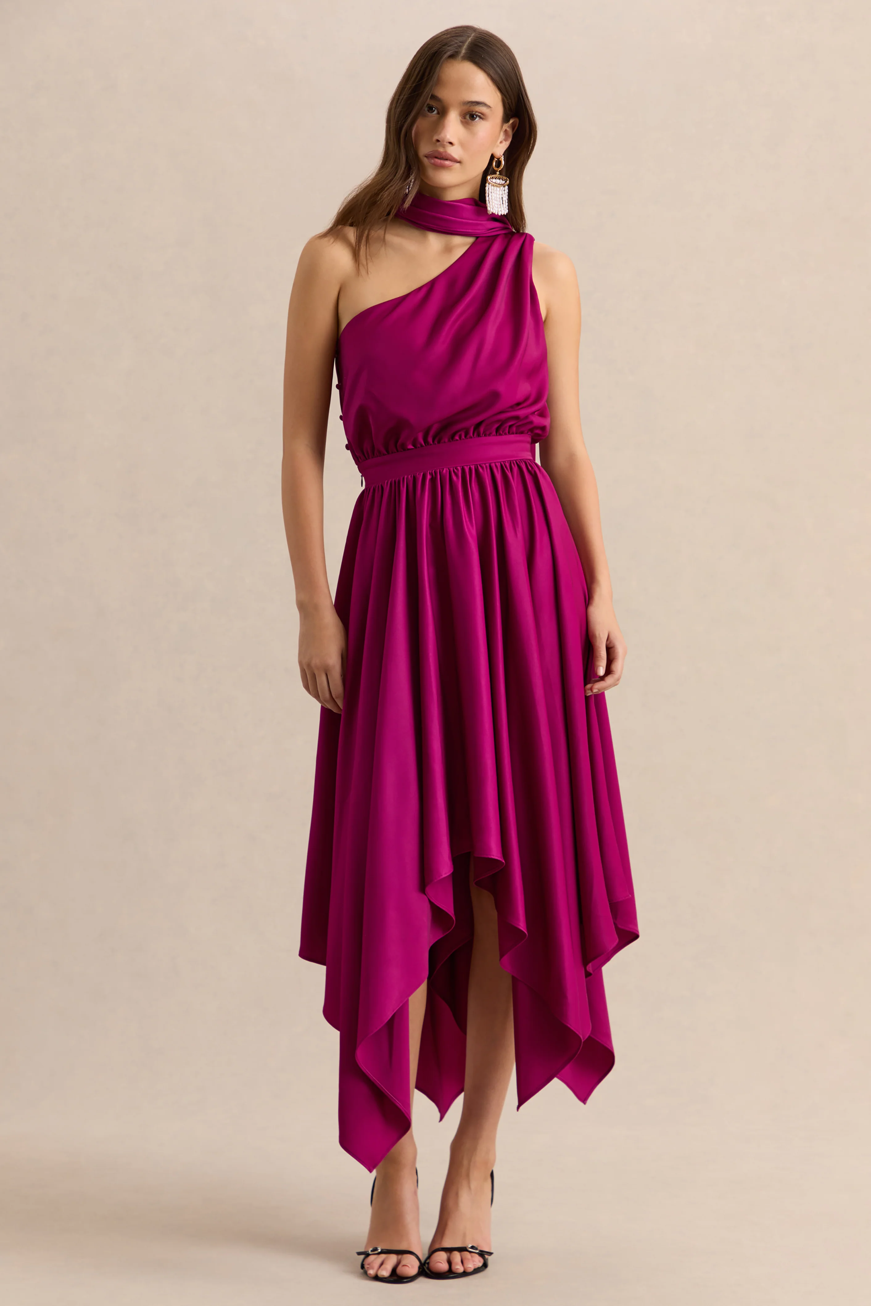 Caluna | Hot Pink Satin Asymmetric-Neck Midi Dress With Scarf-Detail - Image 6