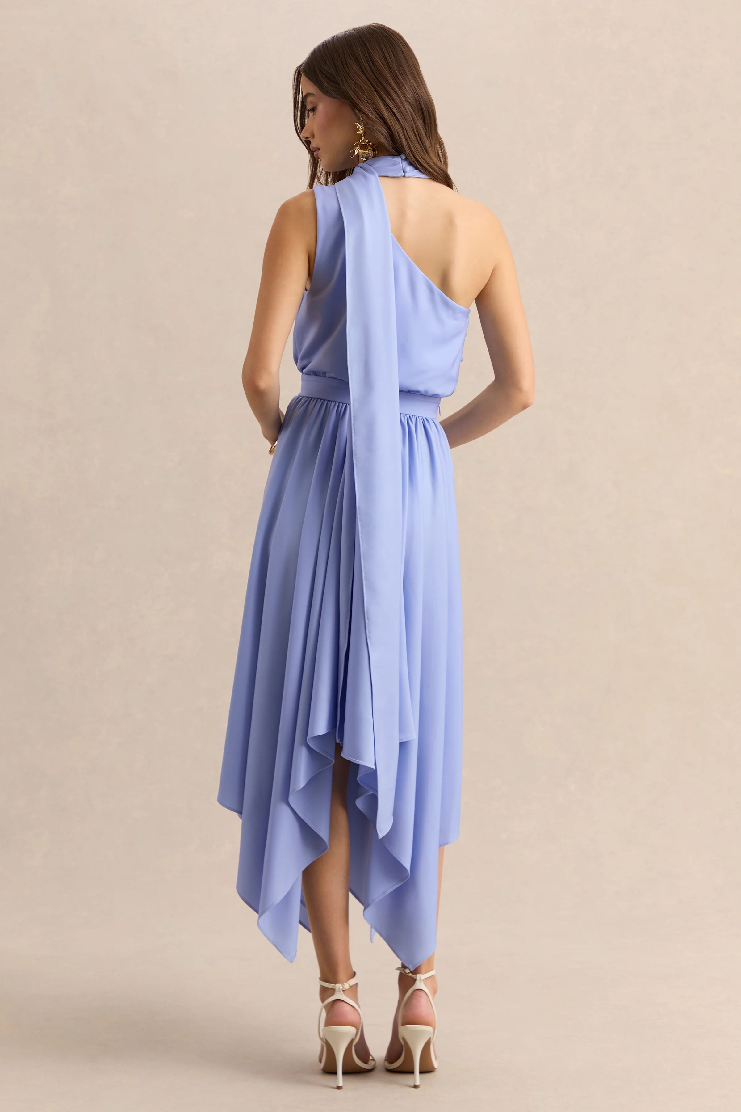 Caluna | Powder Blue Satin Asymmetric-Neck Midi Dress With Scarf-Detail - Image 2