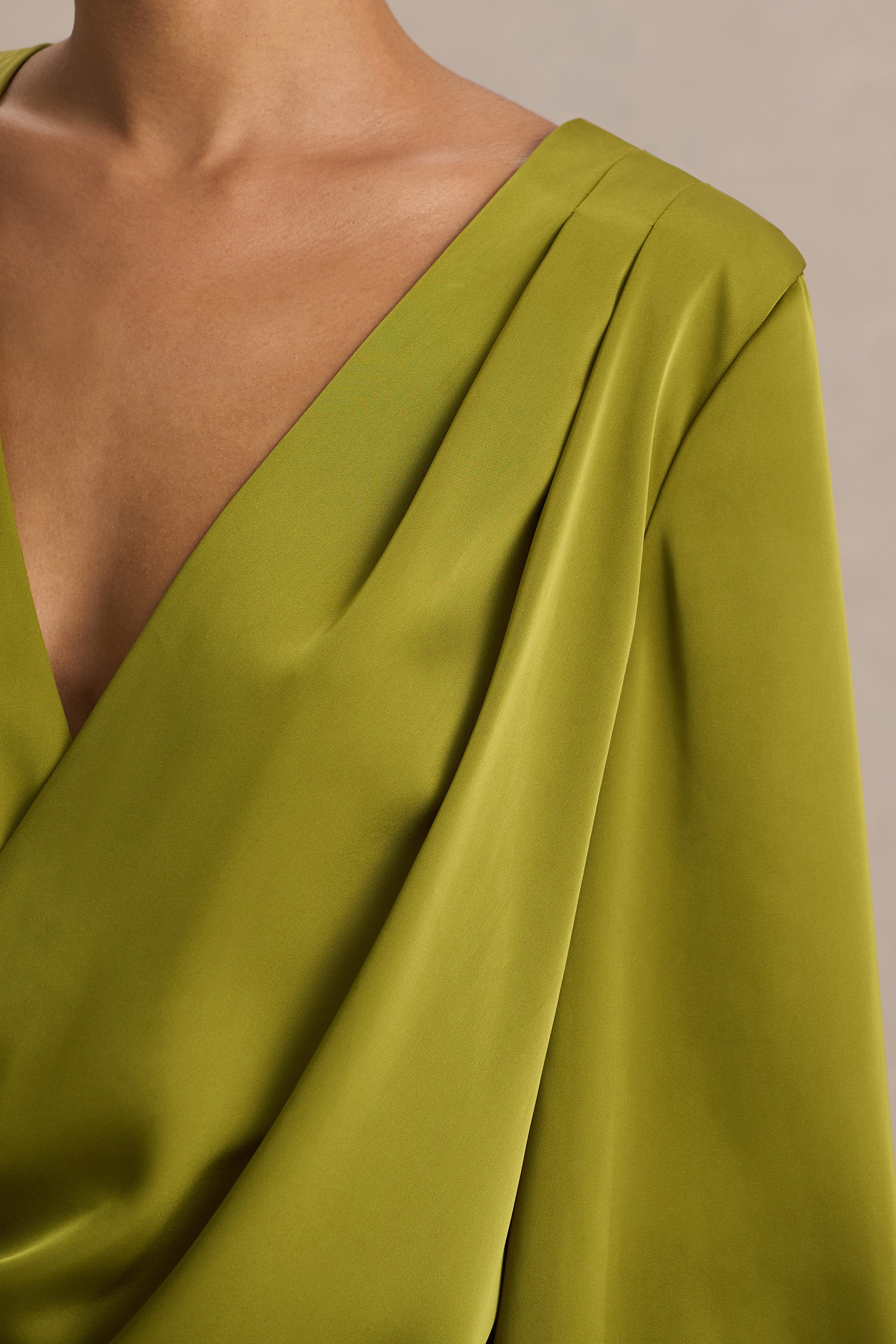 Cara | Olive Satin Plunge-Neck Micro-Mini Dress With Long Sleeve - Image 4