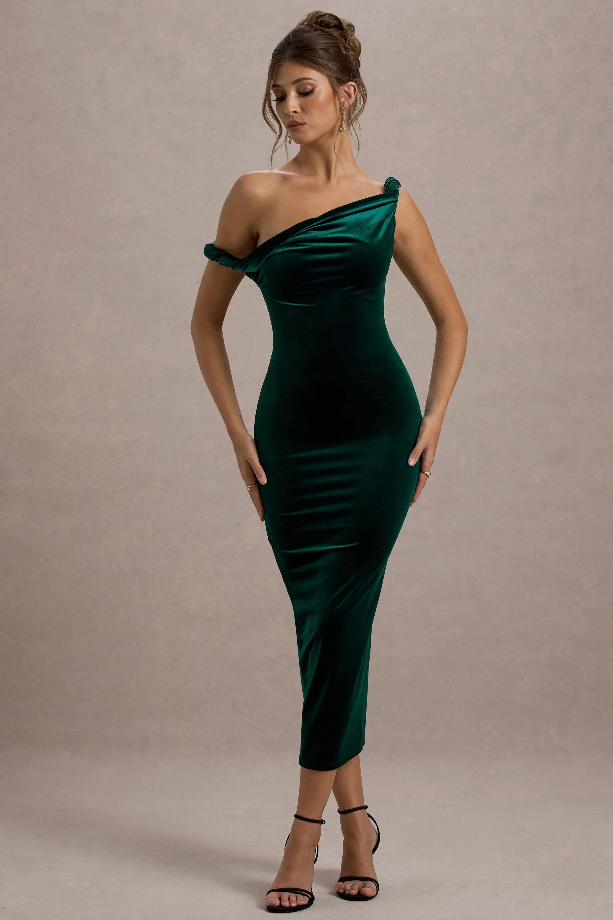 Carella | Bottle Green Velvet Twisted Asymmetric Midi Dress - Image 4
