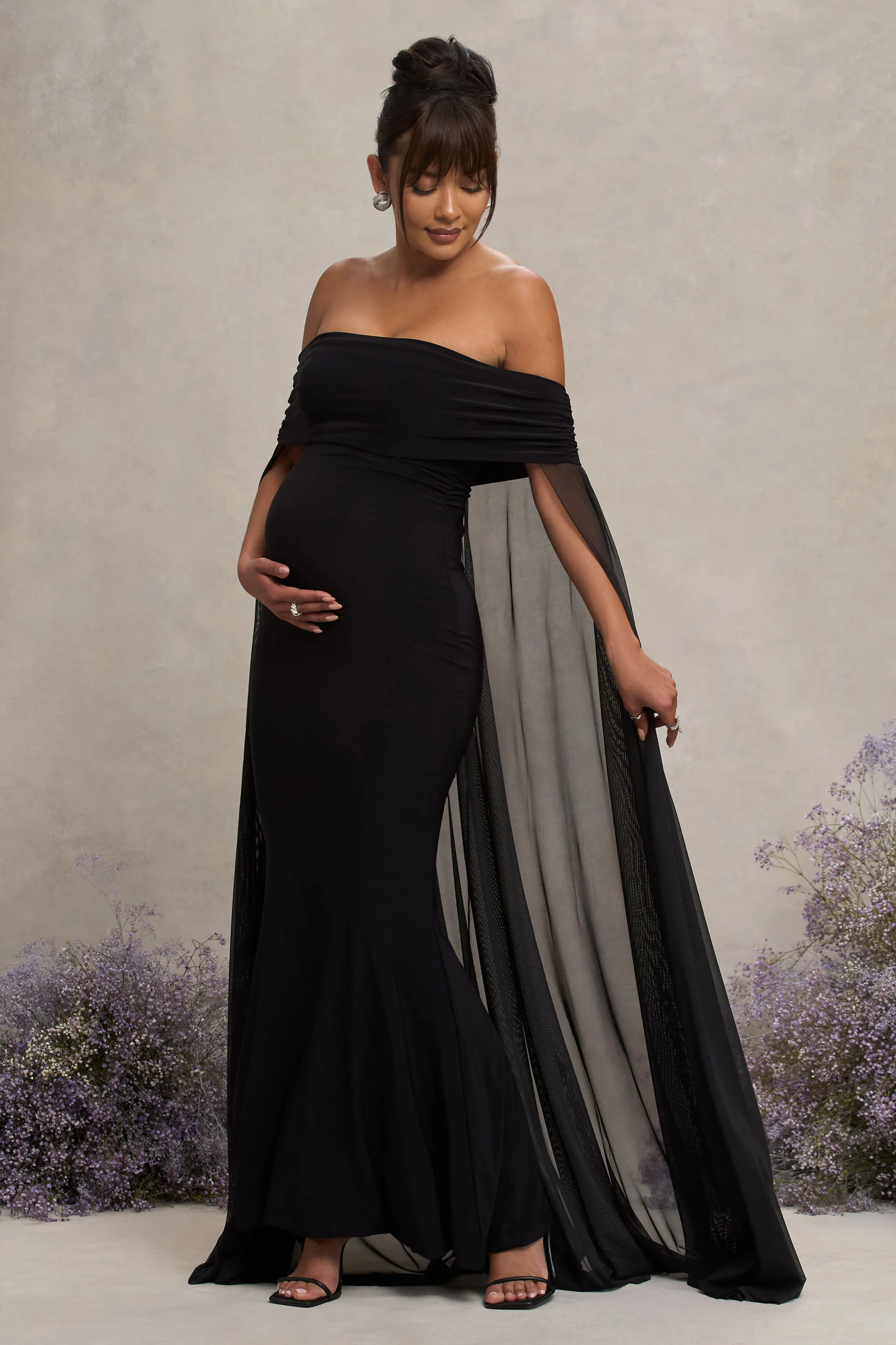 Carlotta | Black Bardot Maternity Maxi Dress With Chiffon Cape - Image 3