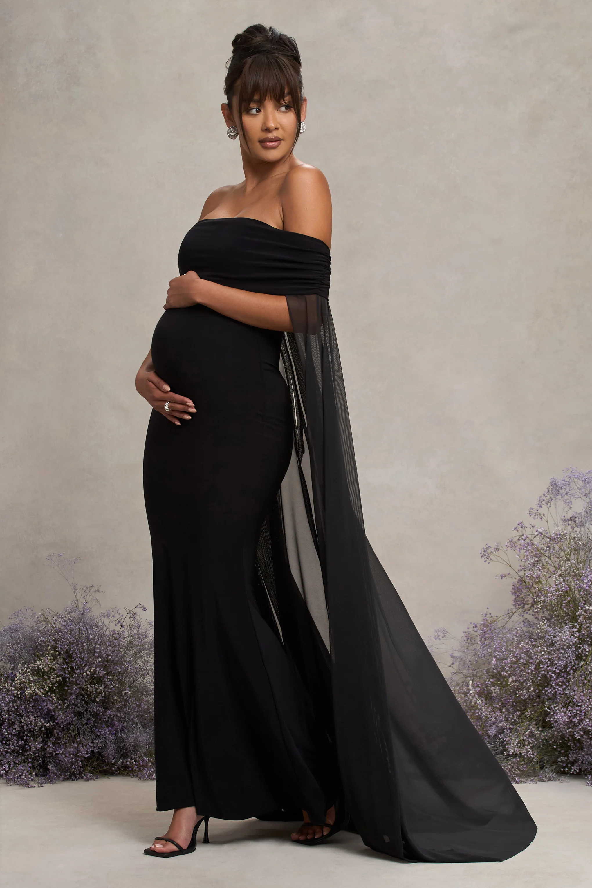 Carlotta | Black Bardot Maternity Maxi Dress With Chiffon Cape - Image 4