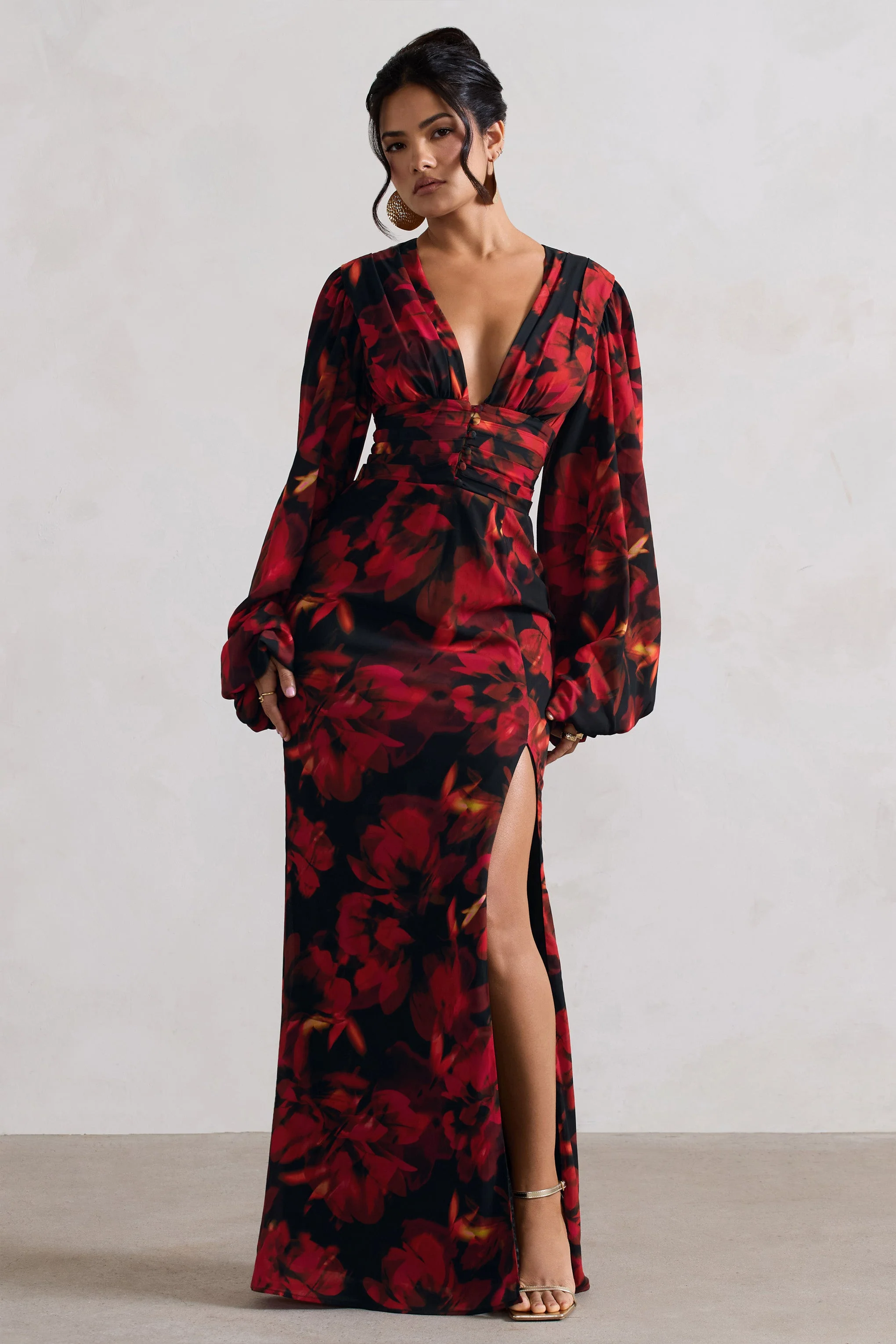 Casarile | Red Floral Print V-Neck Balloon Sleeve Maxi Dress - Image 5