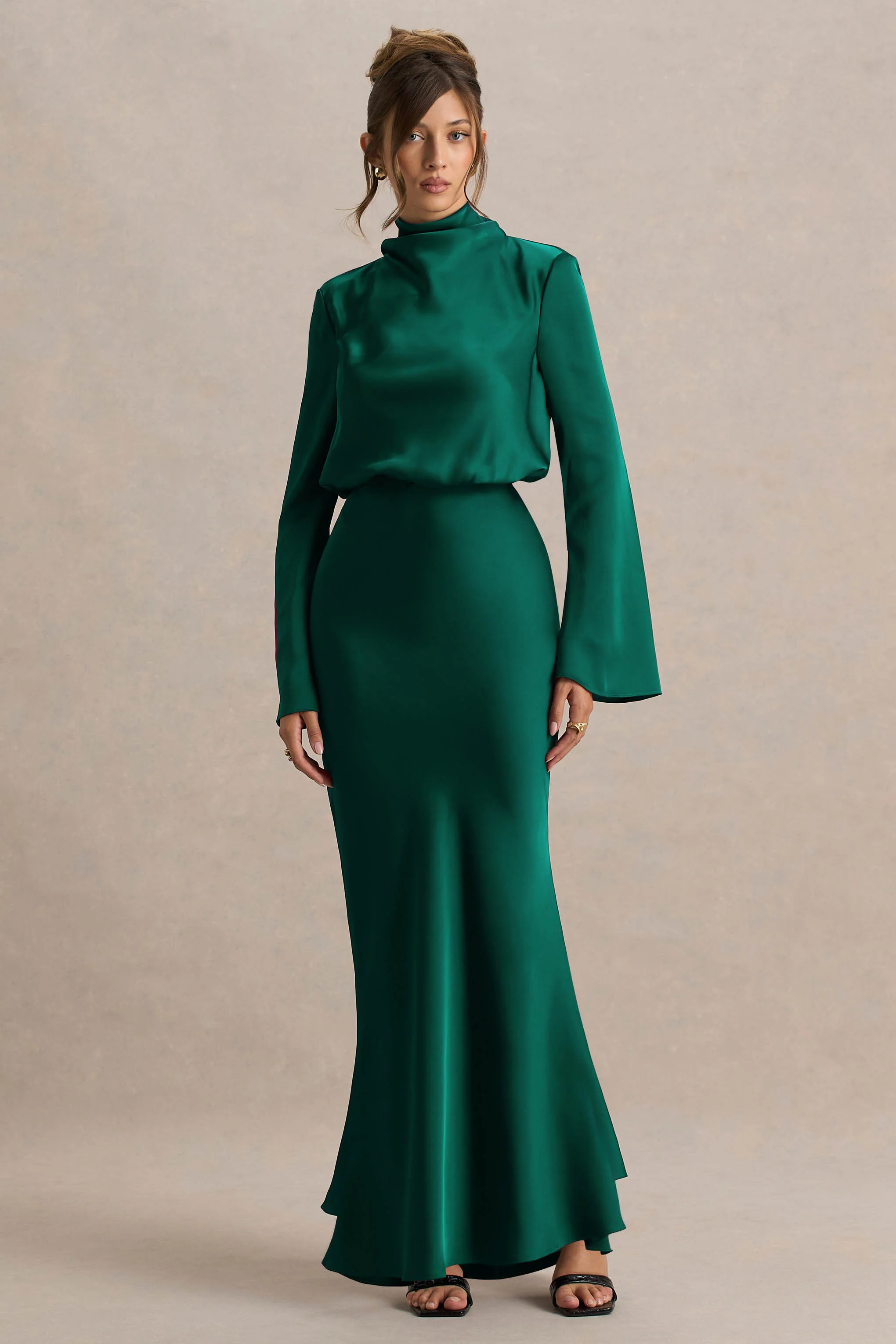 Celina | Bottle Green Satin High-Neck Maxi Dress - Image 3