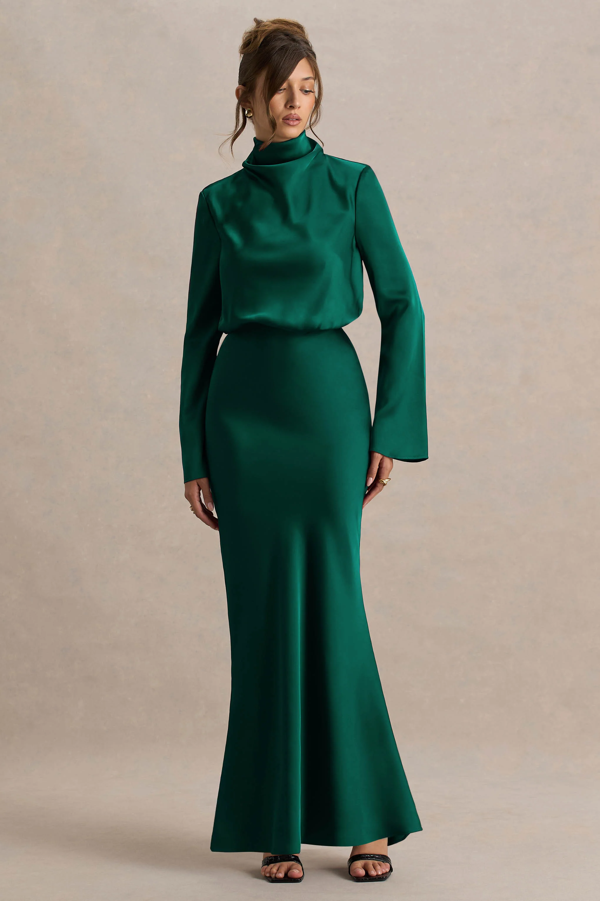 Celina | Bottle Green Satin High-Neck Maxi Dress - Image 4