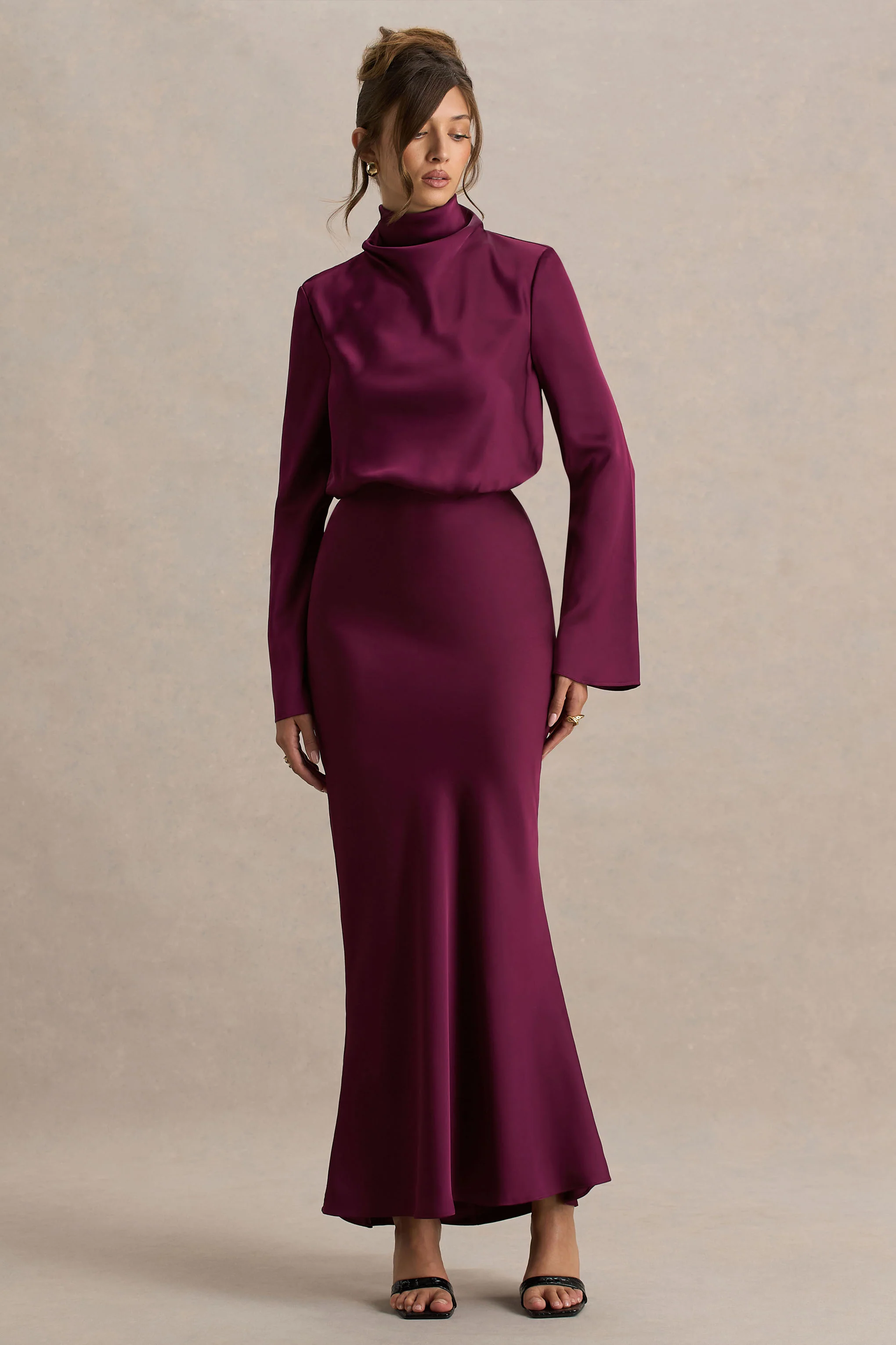 Celina | Burgundy Satin High-Neck Maxi Dress - Image 4