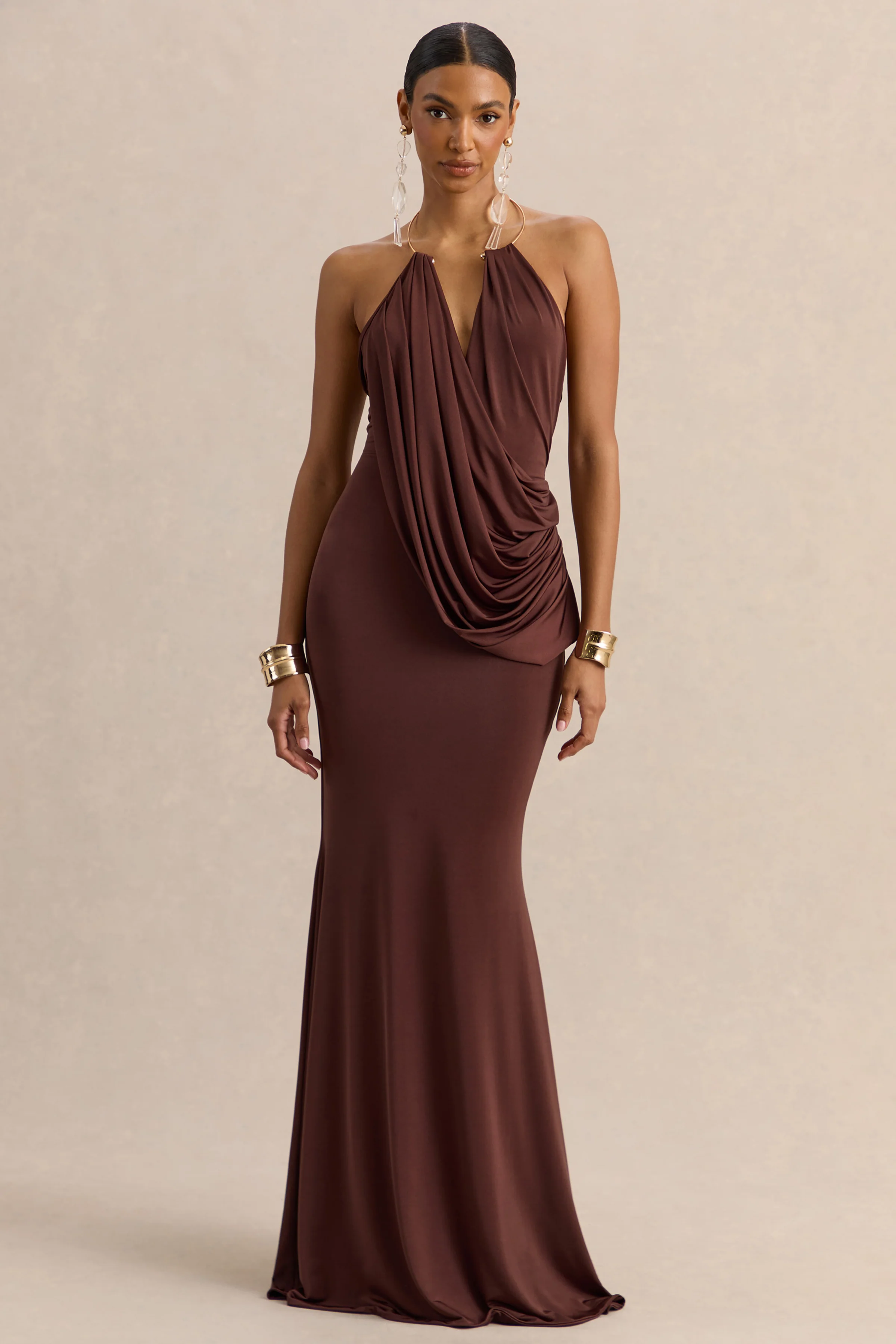 Chanterra | Brown Halter-Neck Maxi Dress With Draped-Detailing