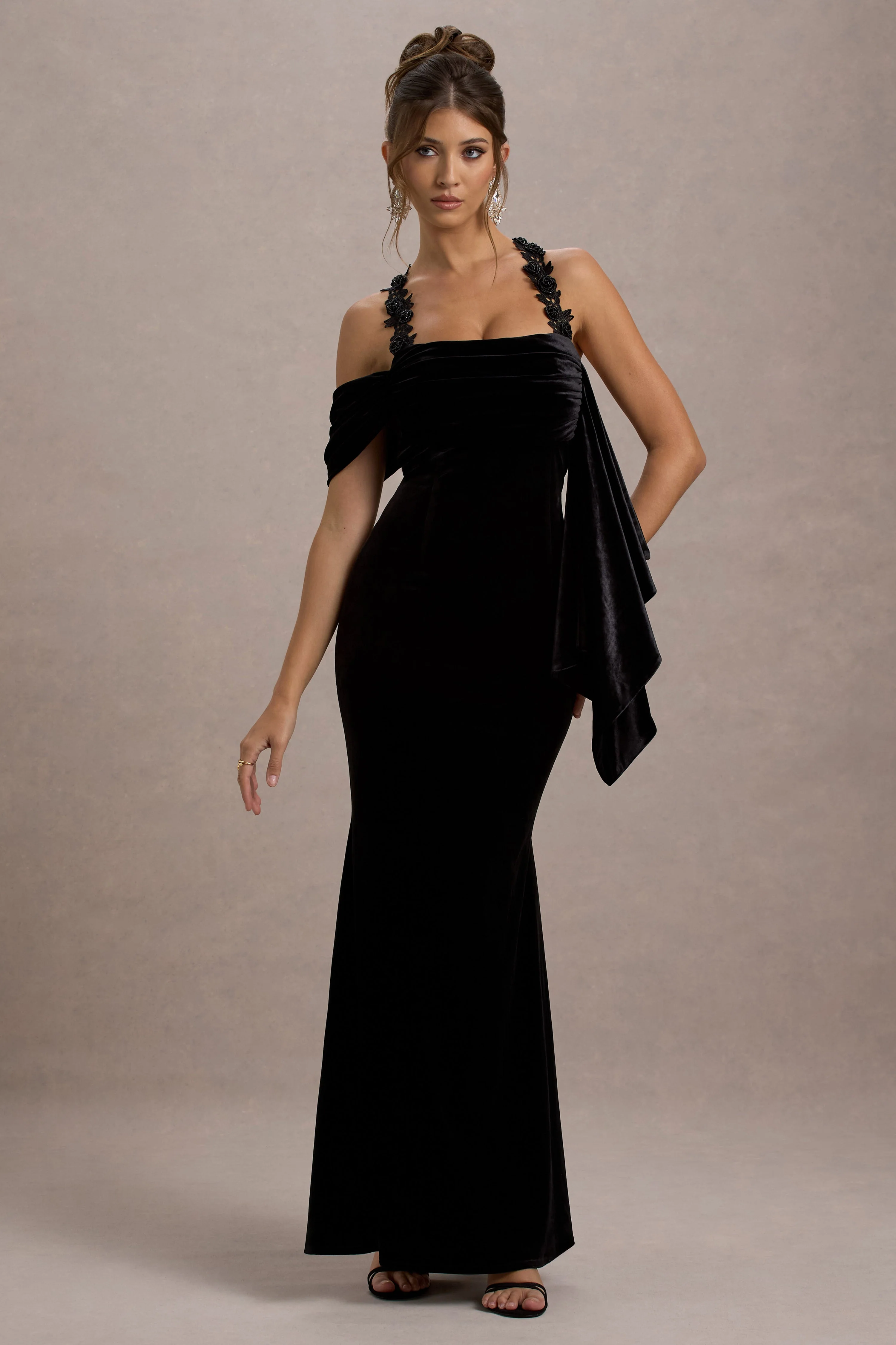 Charlize | Black Velvet Halter-Neck Draped Maxi Dress - Image 6