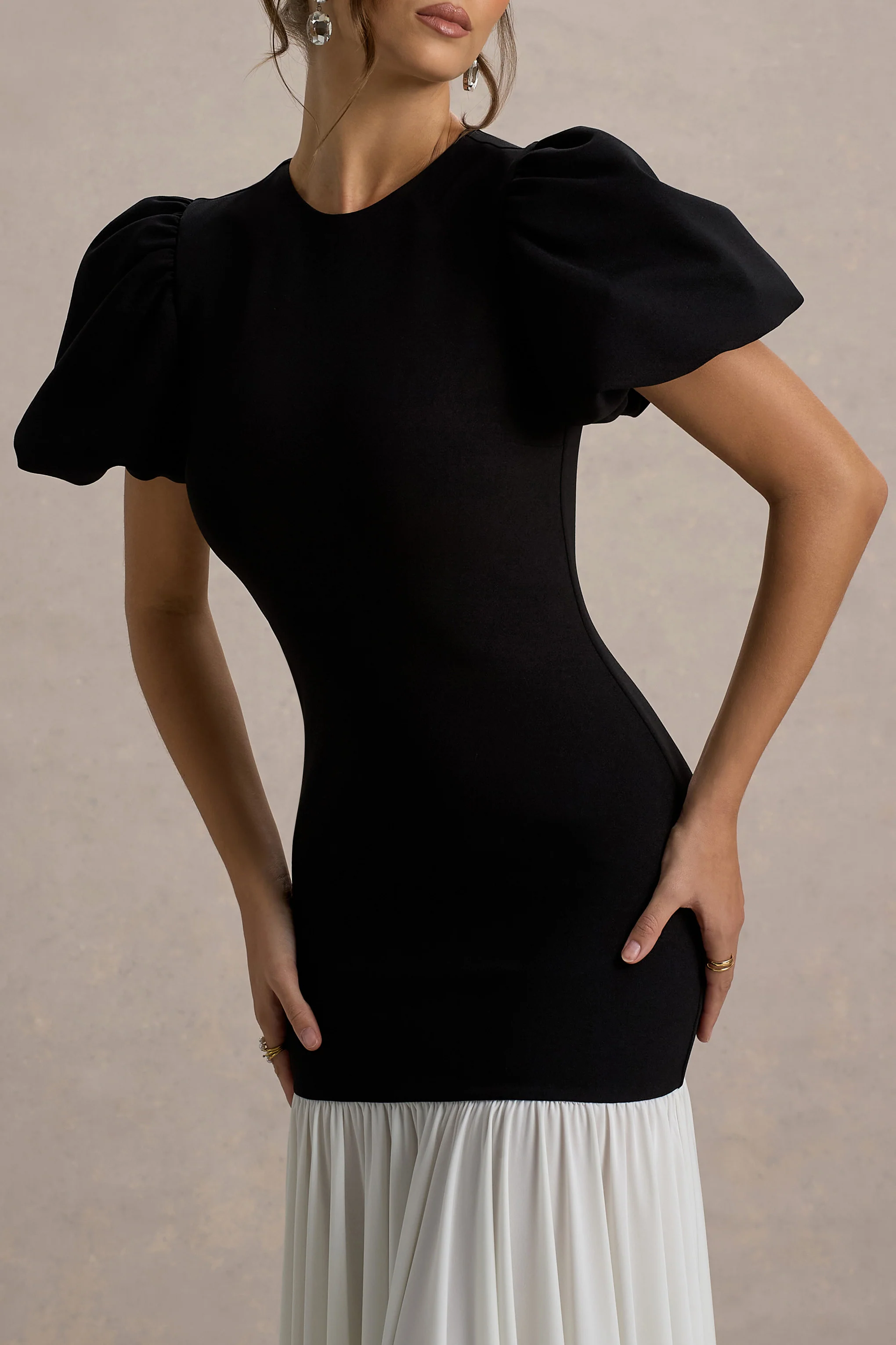 Cinzia | Black & White Puff-Sleeve Volume-Hem Midi Dress - Image 3