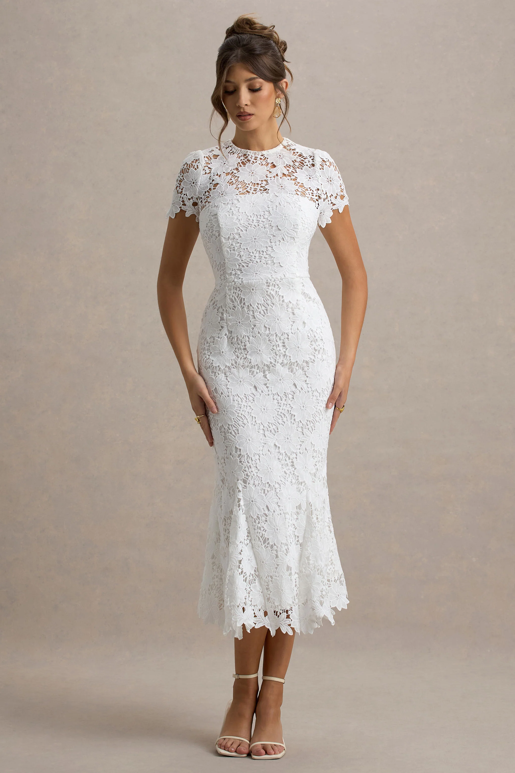 Clarissa | White Lace Short-Sleeve Midi Dress