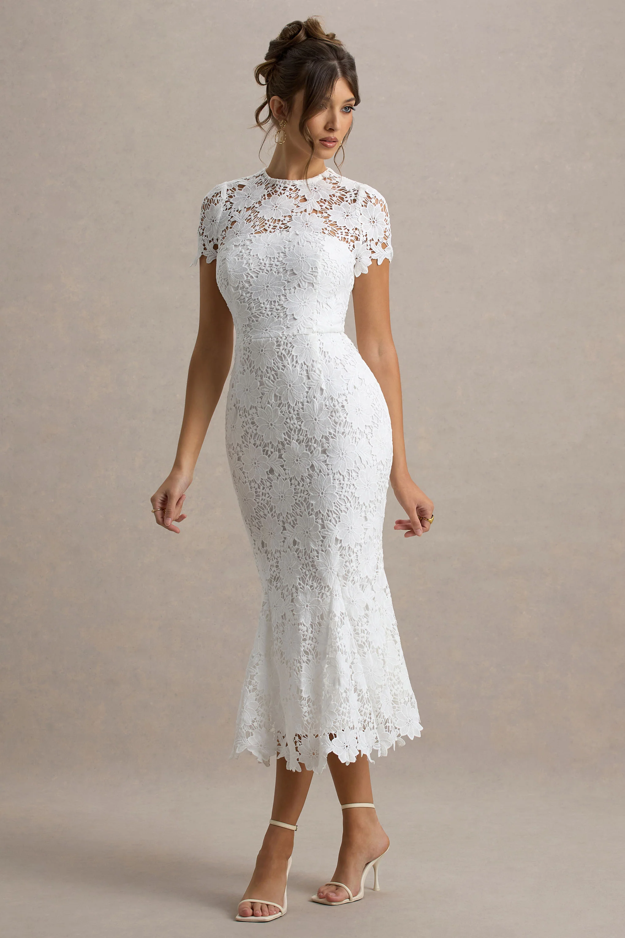 Clarissa | White Lace Short-Sleeve Midi Dress - Image 4