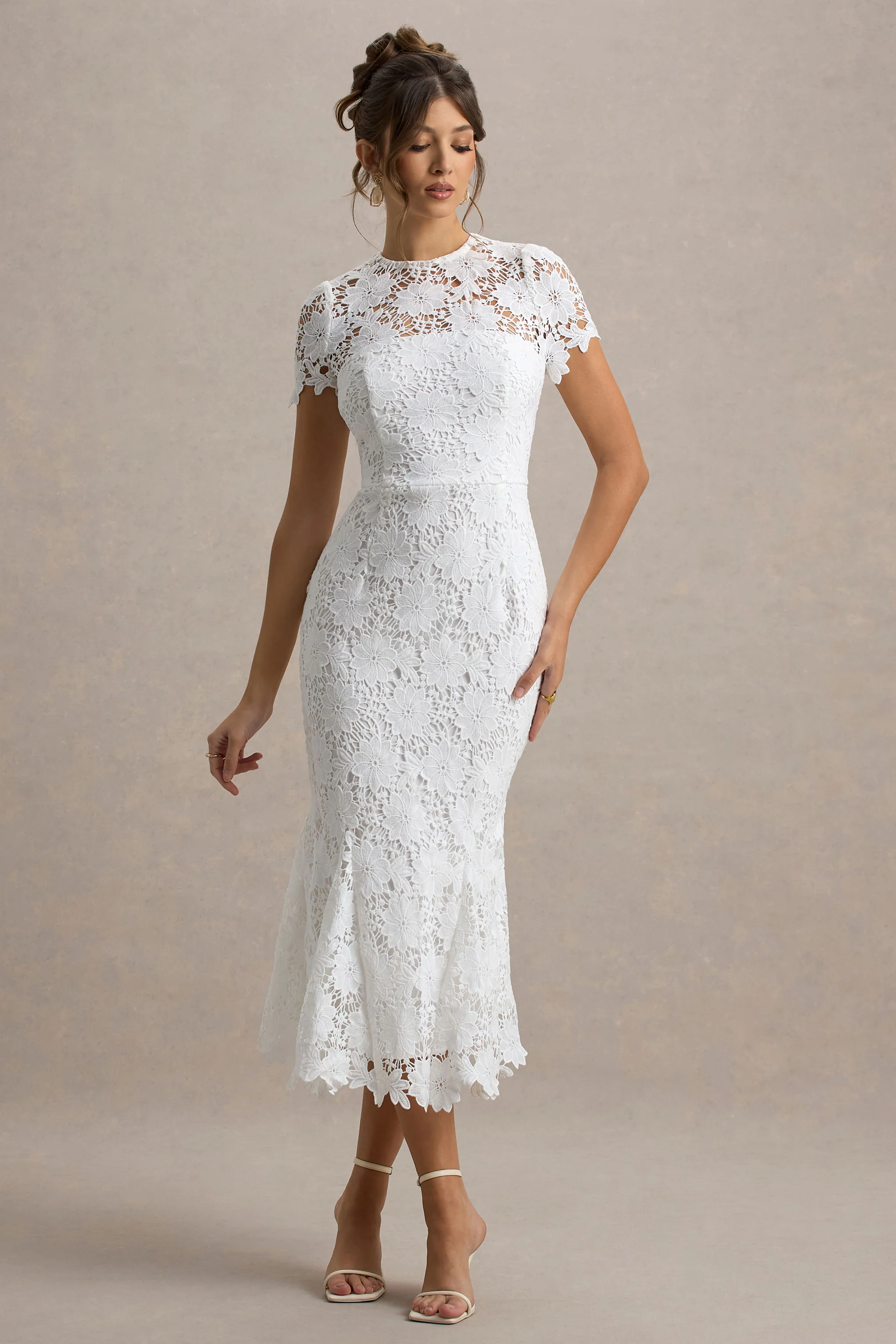 Clarissa | White Lace Short-Sleeve Midi Dress - Image 6