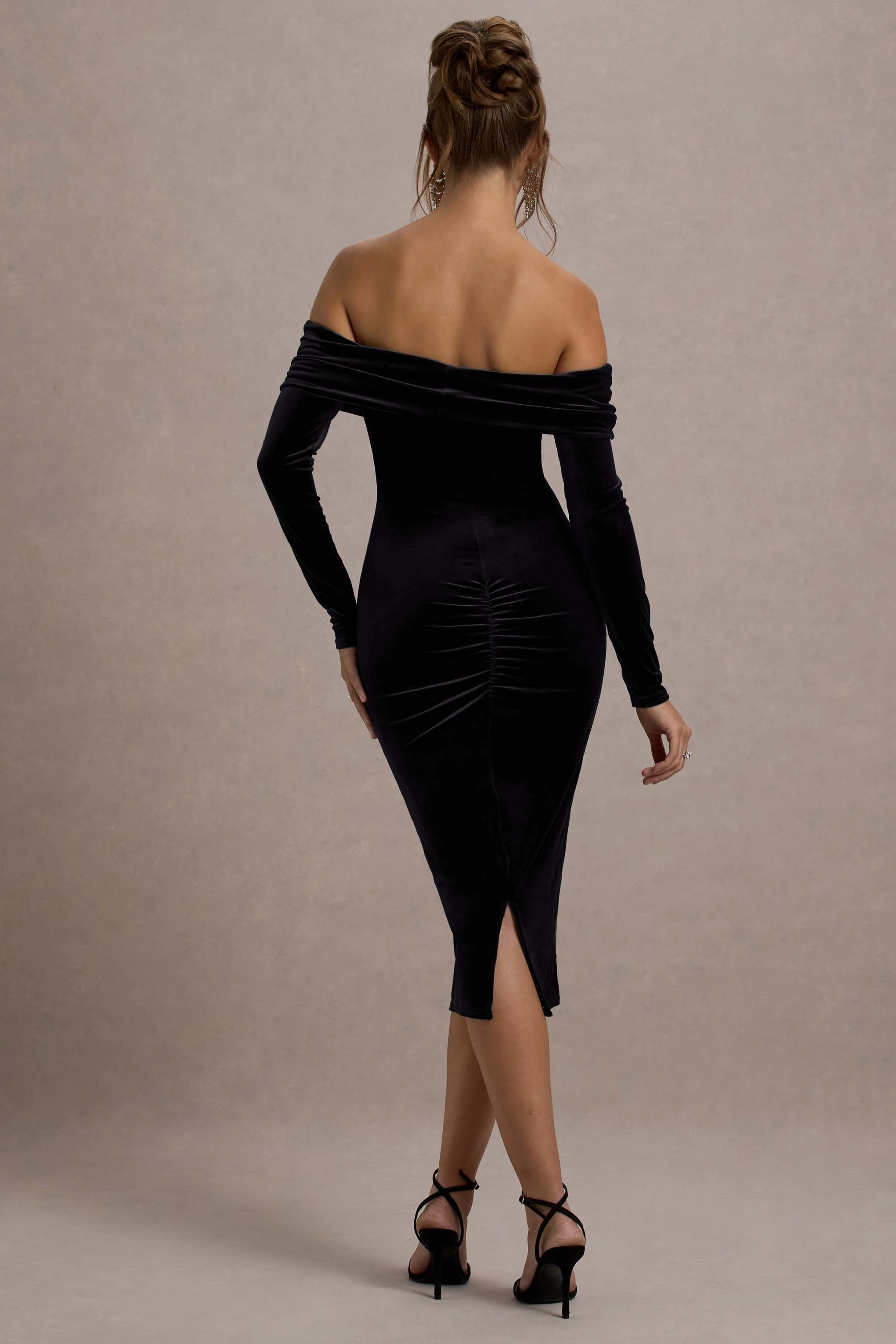 Compliment | Black Velvet Bardot Midi Dress - Image 2