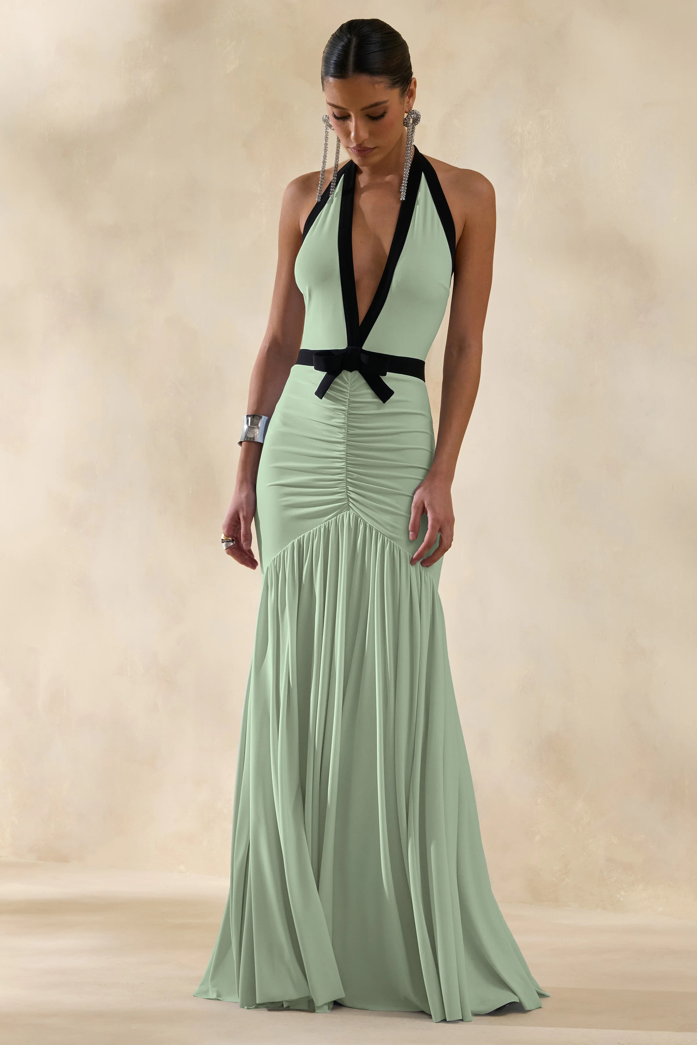 Cosmina | Mint Plunge-Neck Maxi Dress With Bow-Detail - Image 4