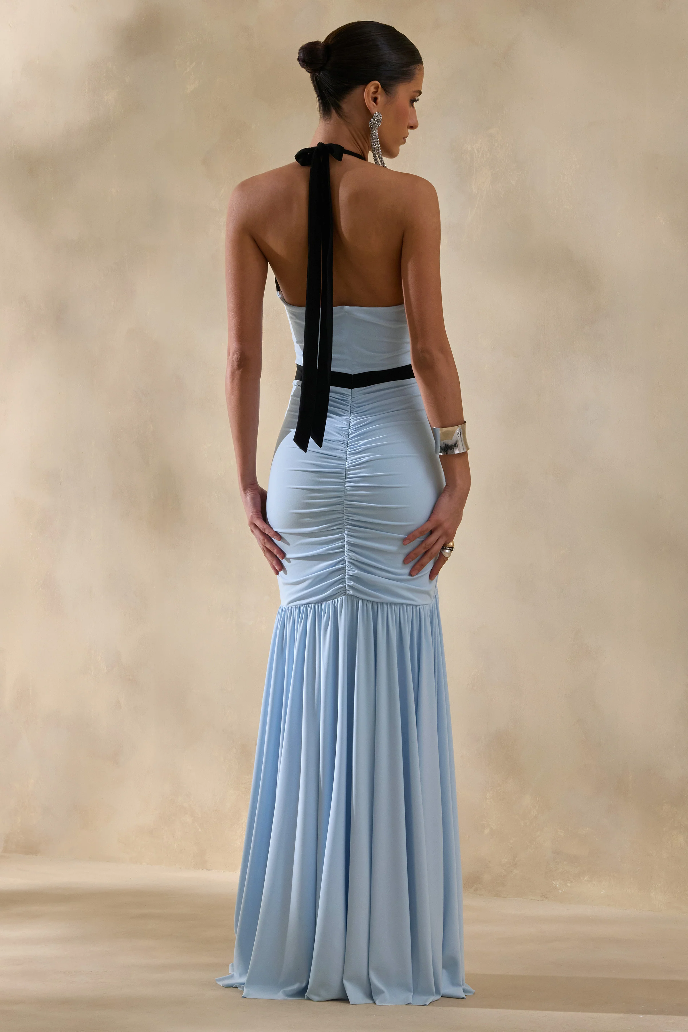 Cosmina | Powder Blue Plunge-Neck Maxi Dress With Bow-Detail - Image 2