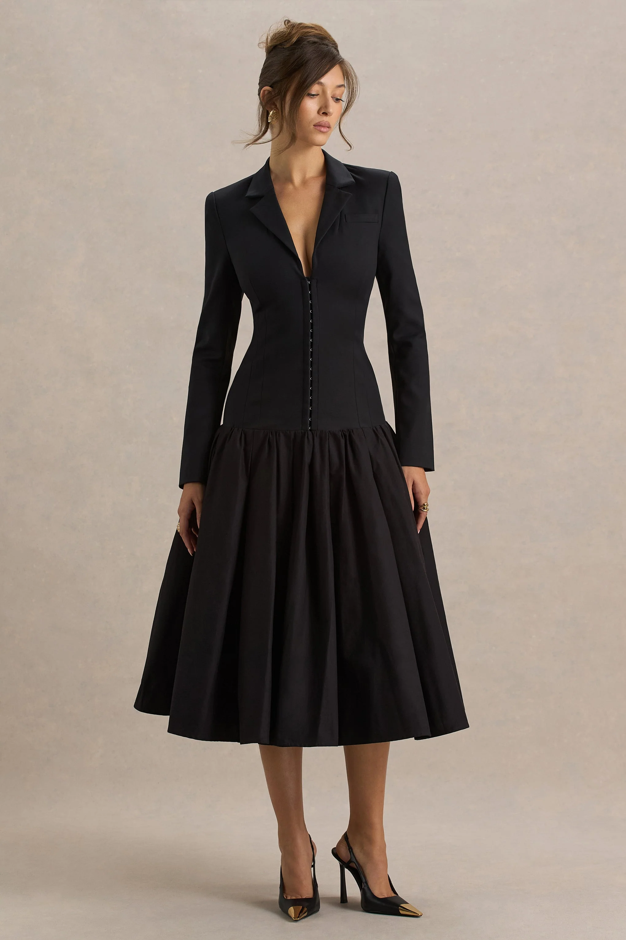 Cosmopolitan | Black Plunge-Neck Tailored Midi Dress With Pleated Hem