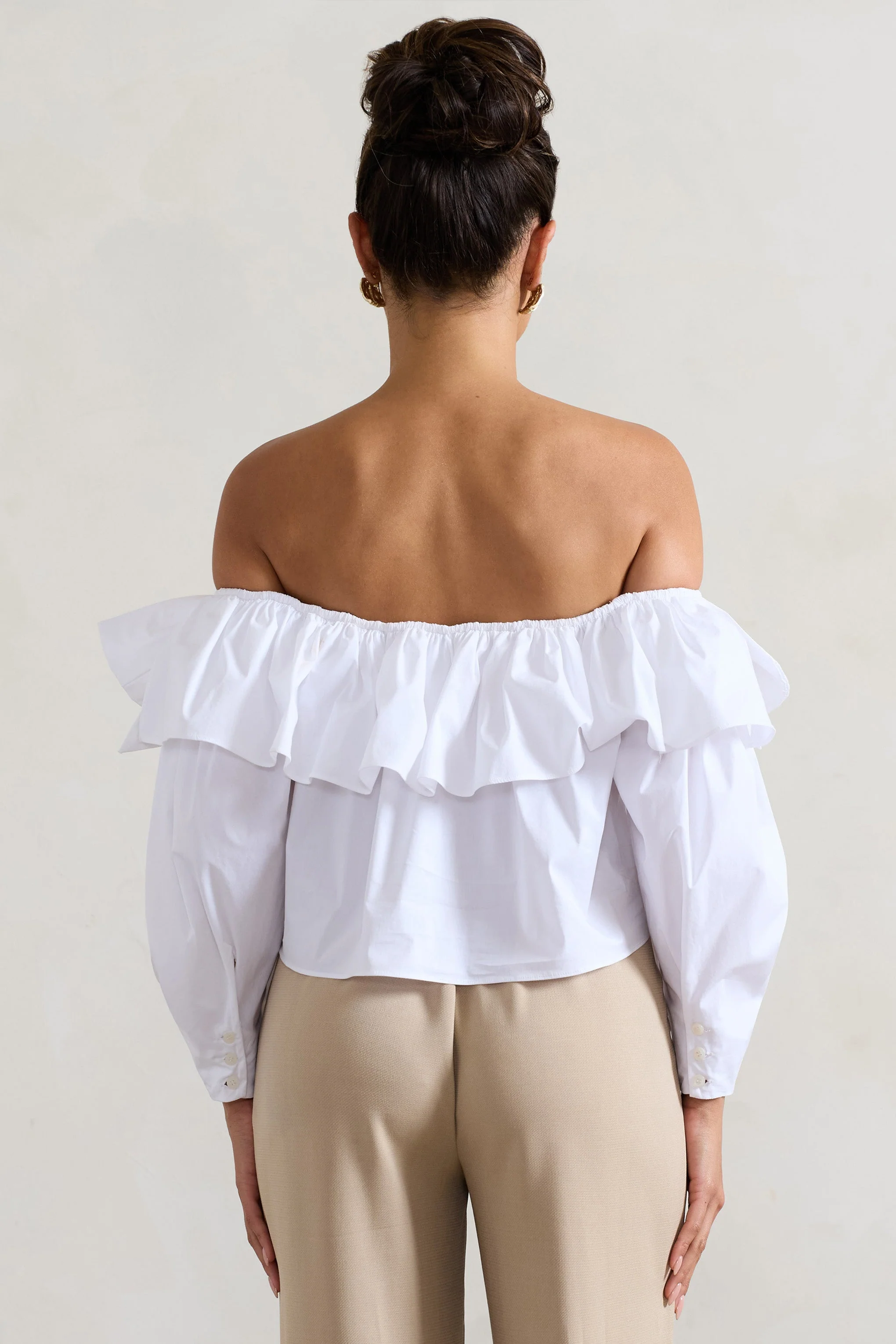 Cove | White Bardot Puff-Sleeve Ruffle Top With Bows - Image 8