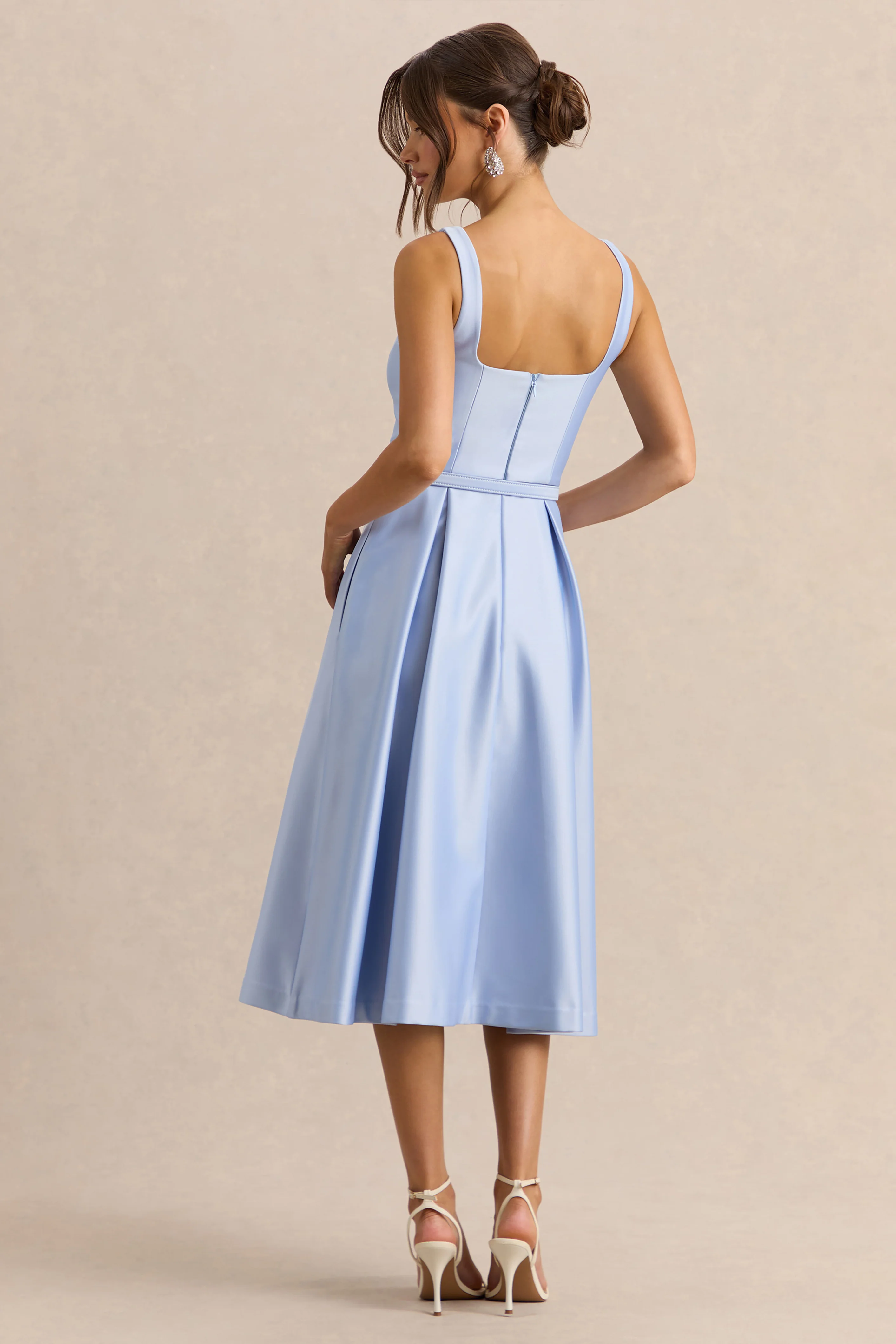 Crystaline | Powder Blue Satin Square-Neck Midi Dress - Image 2