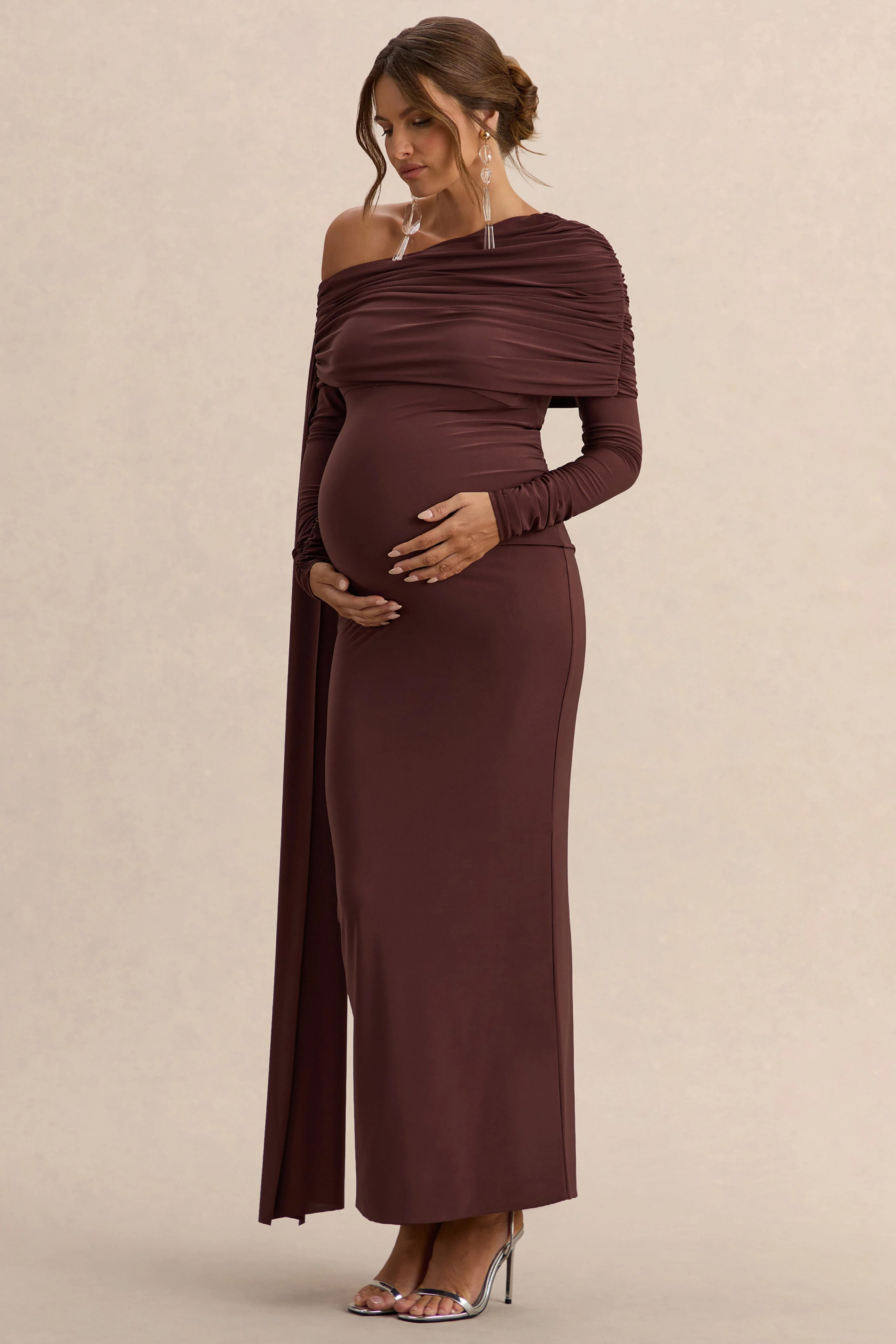 Cyra | Brown Asymmetric-Neck Maternity Maxi Dress With Sash - Image 4