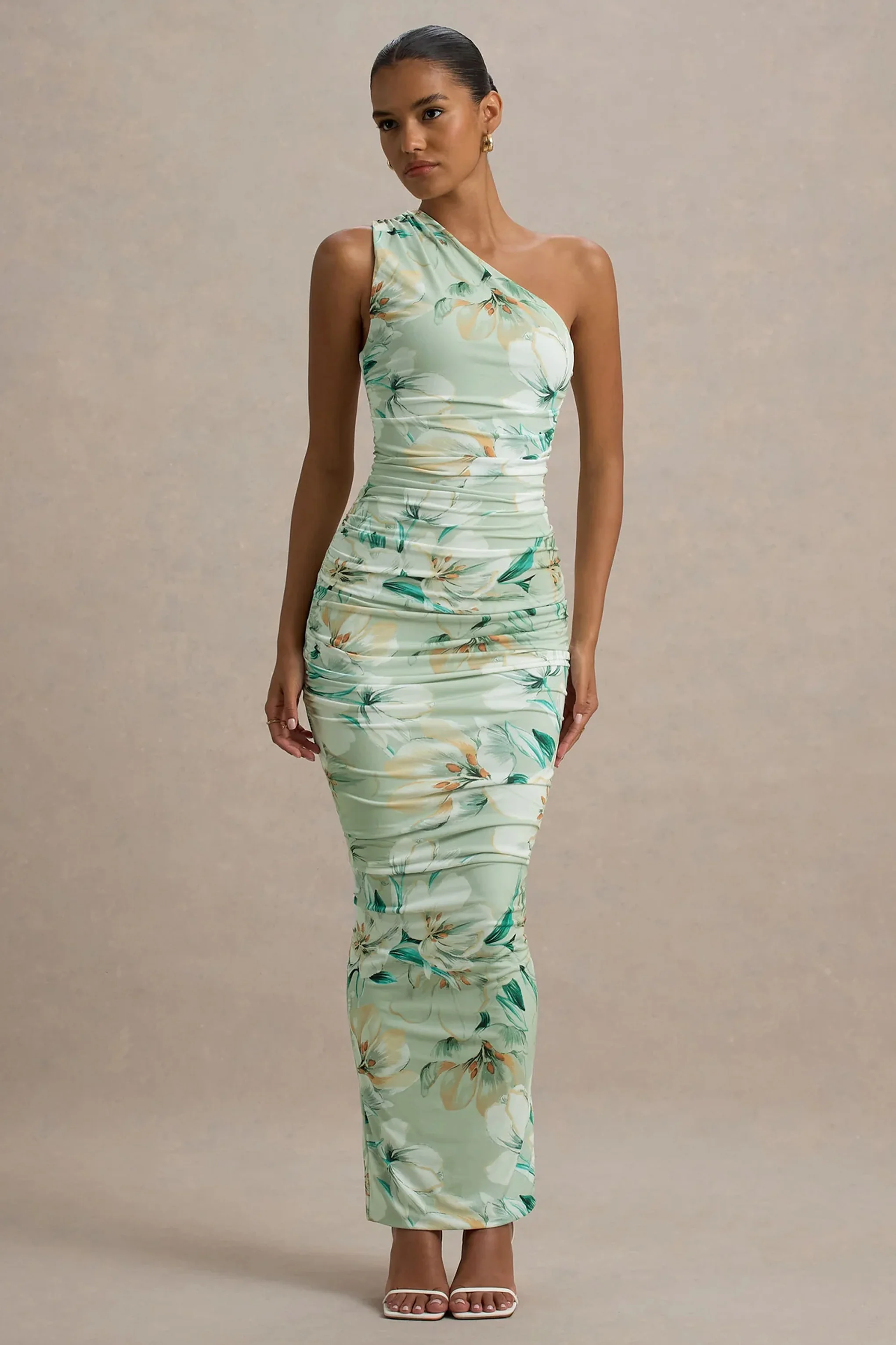 Dalarie | Green Floral Print One-Shoulder Gathered Maxi Dress - Image 4