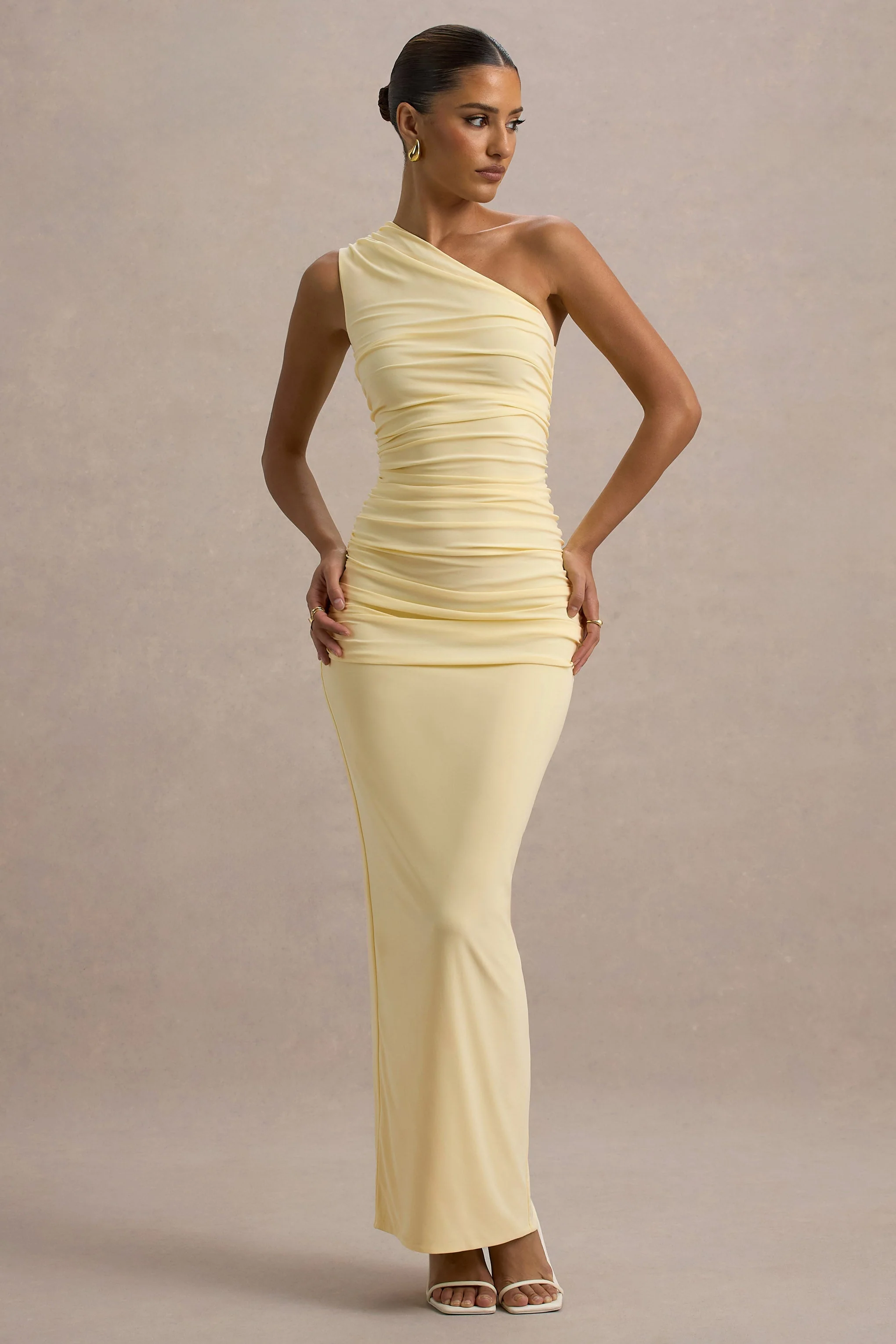 Dalarie | Pale Lemon One-Shoulder Gathered Maxi Dress - Image 4