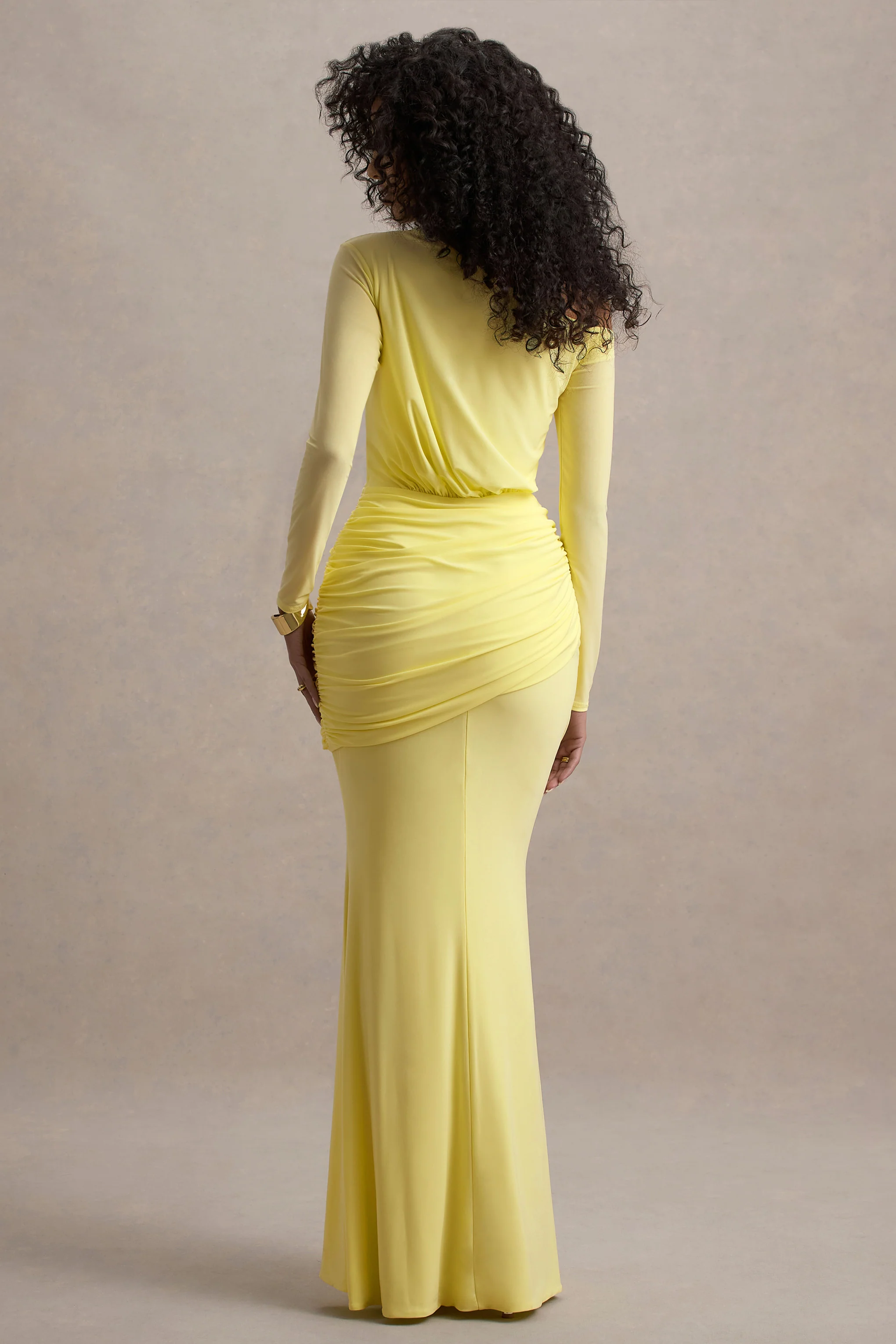 Deanna | Lemon Asymmetric Long-Sleeve Ruched Maxi Dress - Image 2