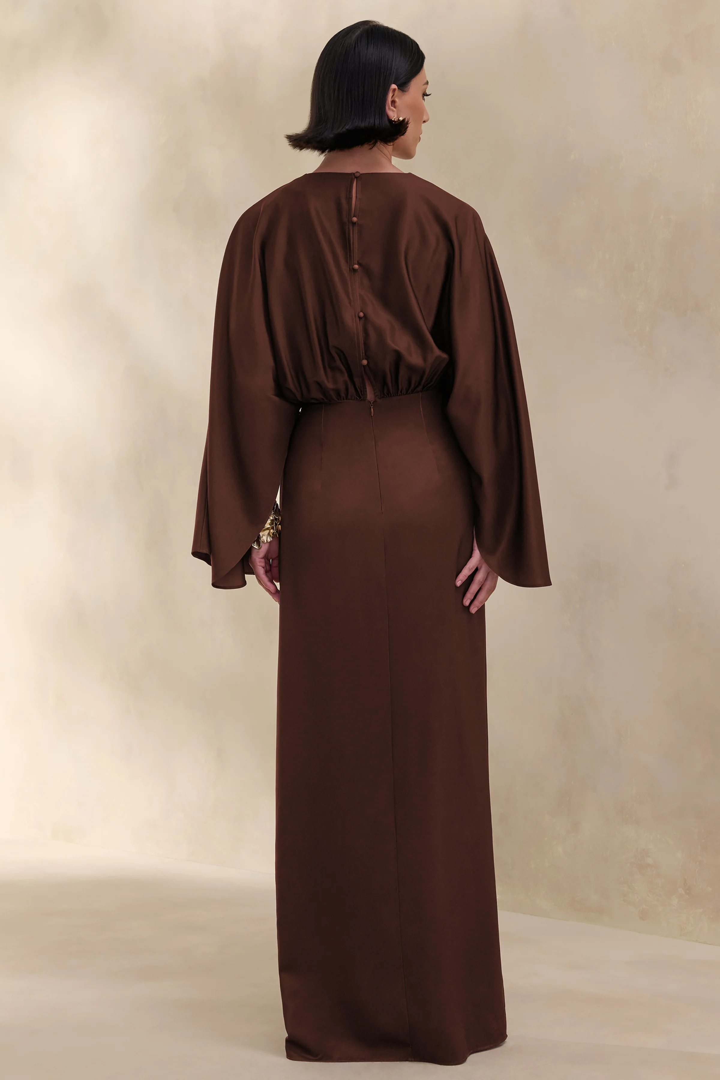 Delphina | Brown Satin Maxi Dress With Gathered And Knot-Detail - Image 2