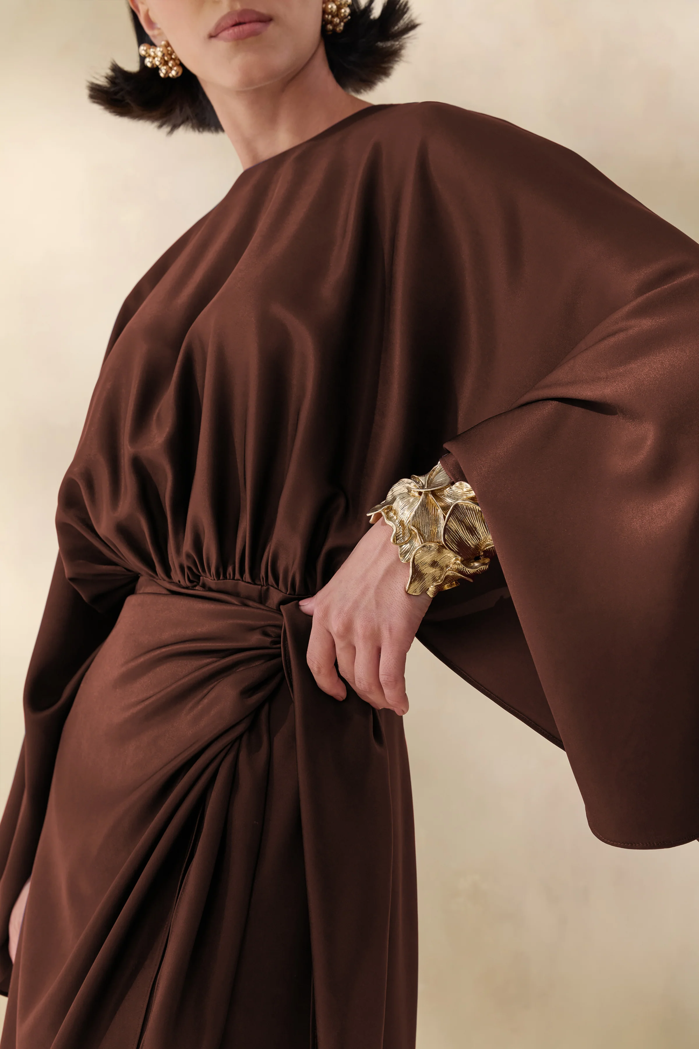 Delphina | Brown Satin Maxi Dress With Gathered And Knot-Detail - Image 3
