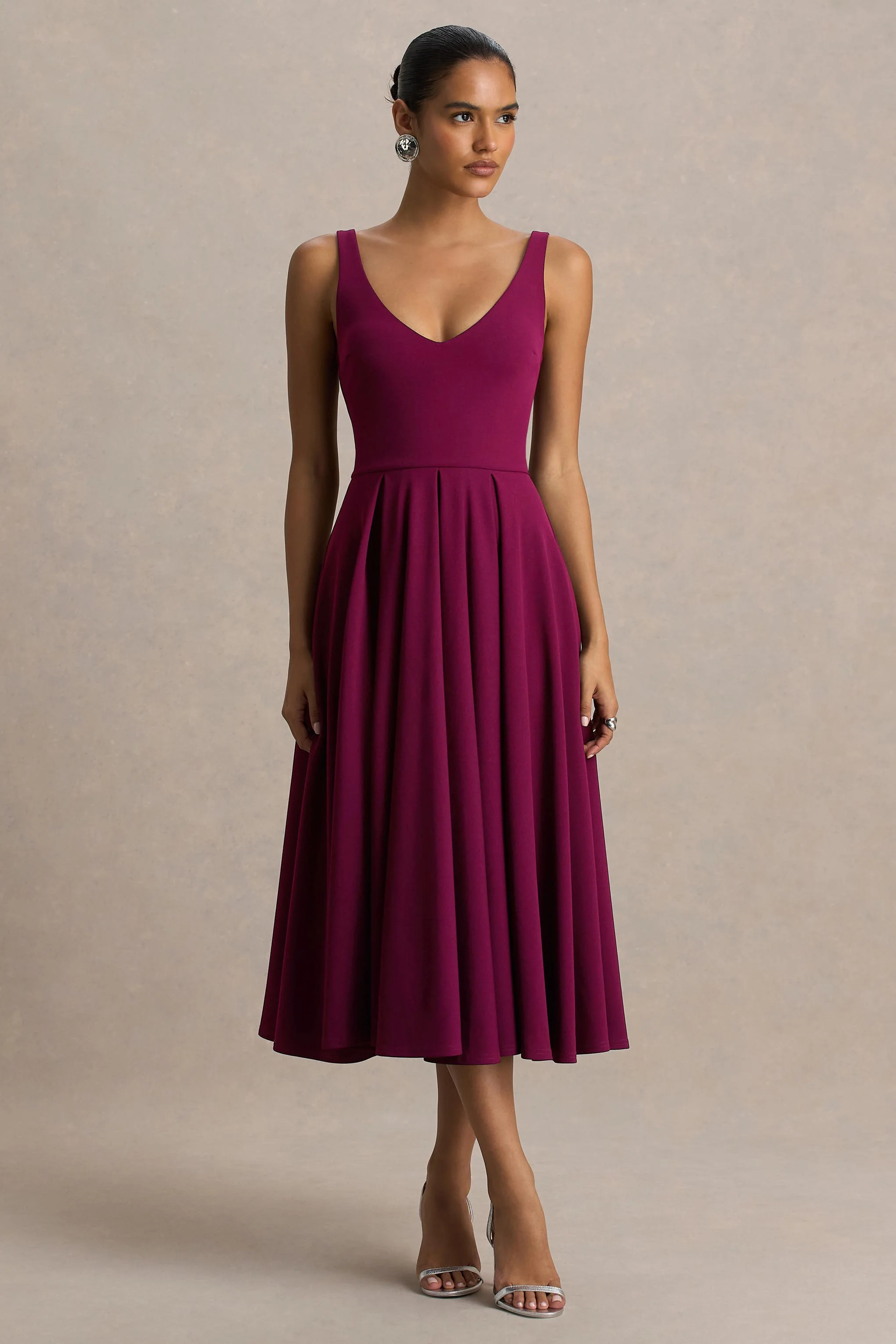 Depths | Burgundy V-Neck Midi Dress - Image 3