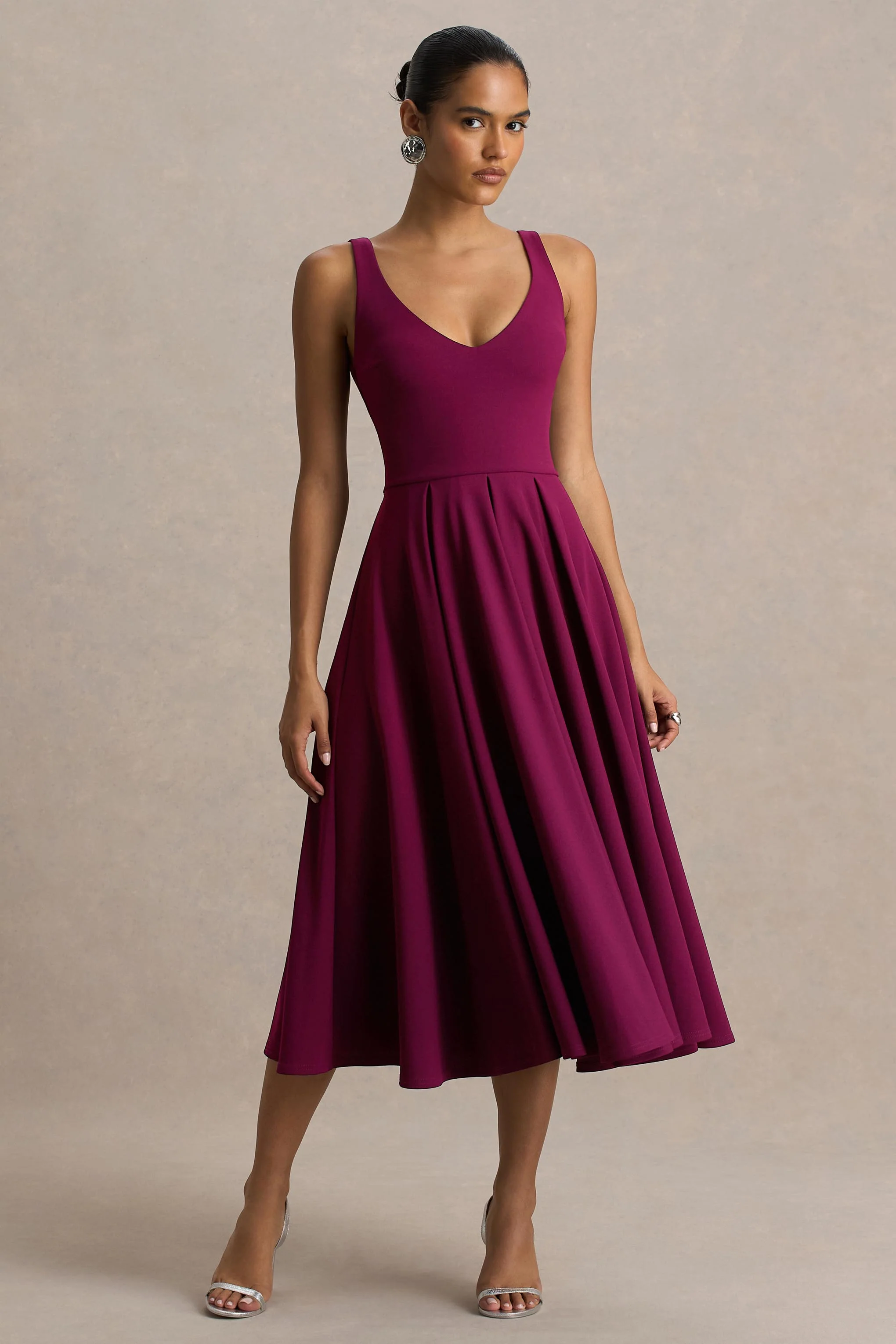 Depths | Burgundy V-Neck Midi Dress - Image 4
