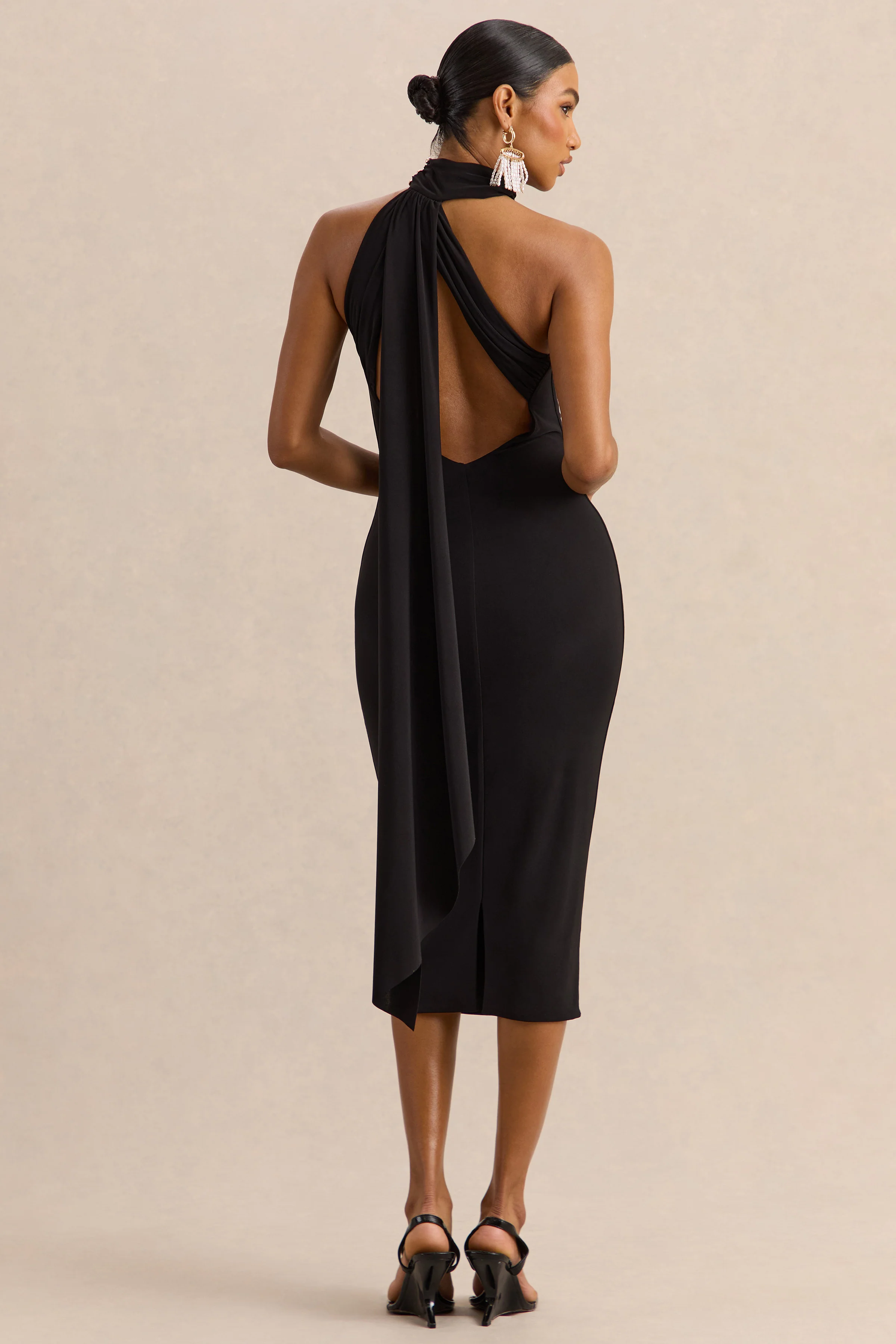 Devinae | Black Asymmetric-Neck Midi-Dress With Open-Back And Scarf-Detail - Image 2