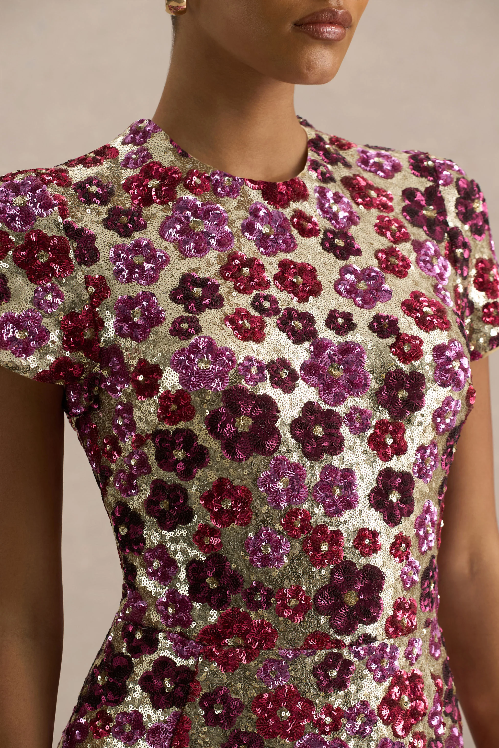 Eira | Pink Floral Embellished Sequin Crew-Neck Mini Dress - Image 3
