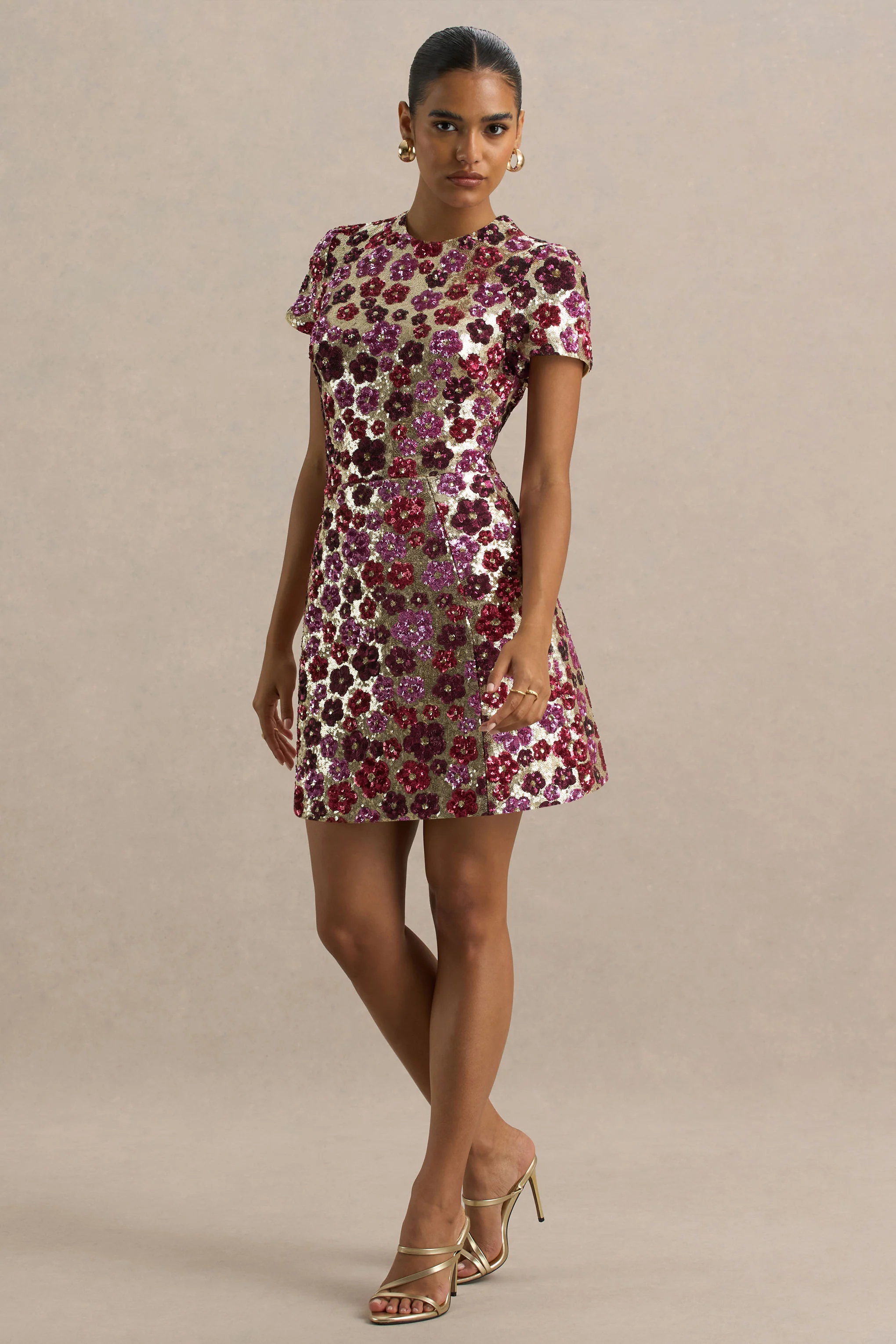 Eira | Pink Floral Embellished Sequin Crew-Neck Mini Dress - Image 4